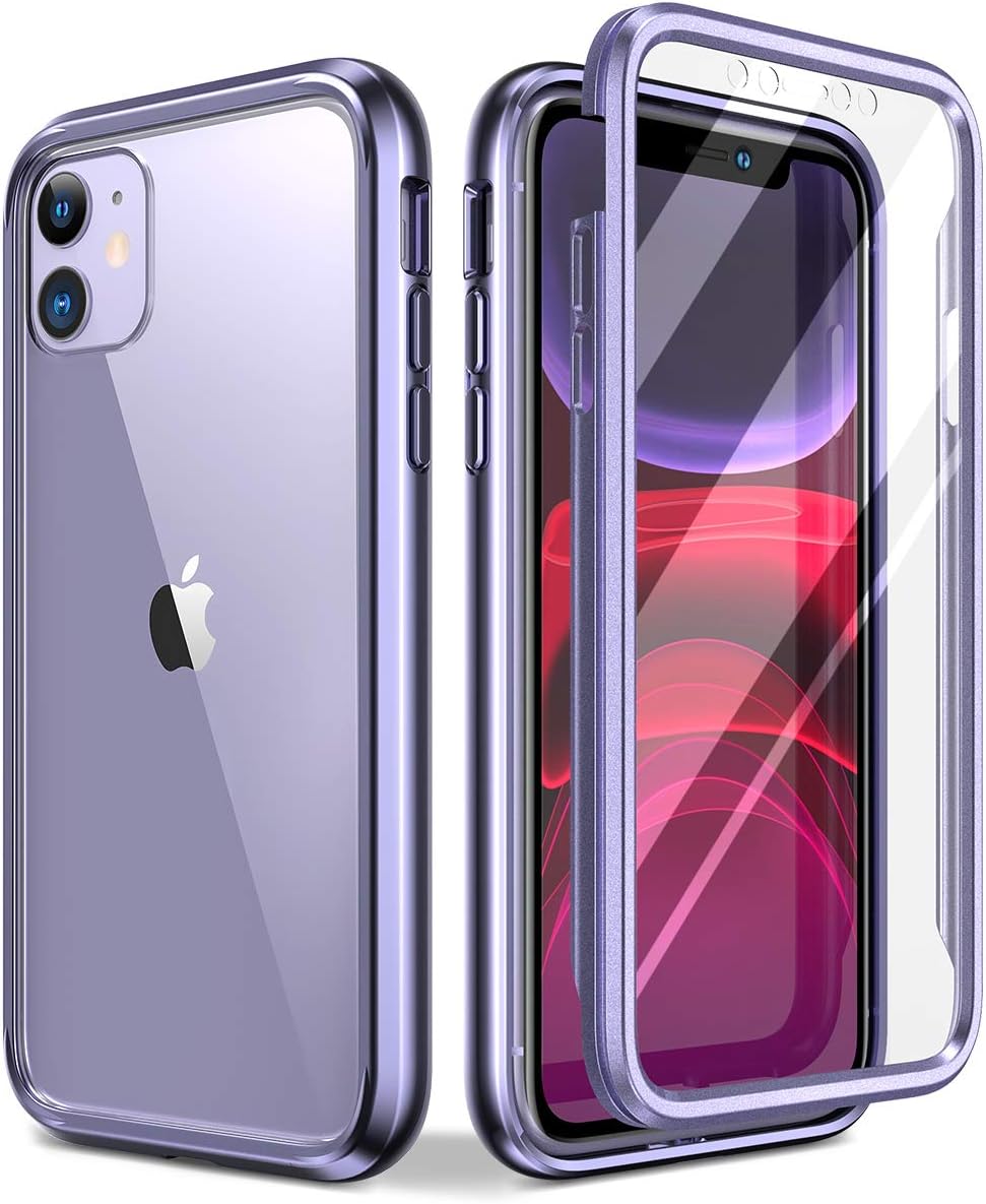 SURITCH Clear Case for iPhone 11, [Built in Screen Protector][9H Tempered Glass Back][Metallic Electroplated Edges] Shockproof Hard Full Body Protection Silicone Bumper Case for iPhone 11 6.1"(Purple)
