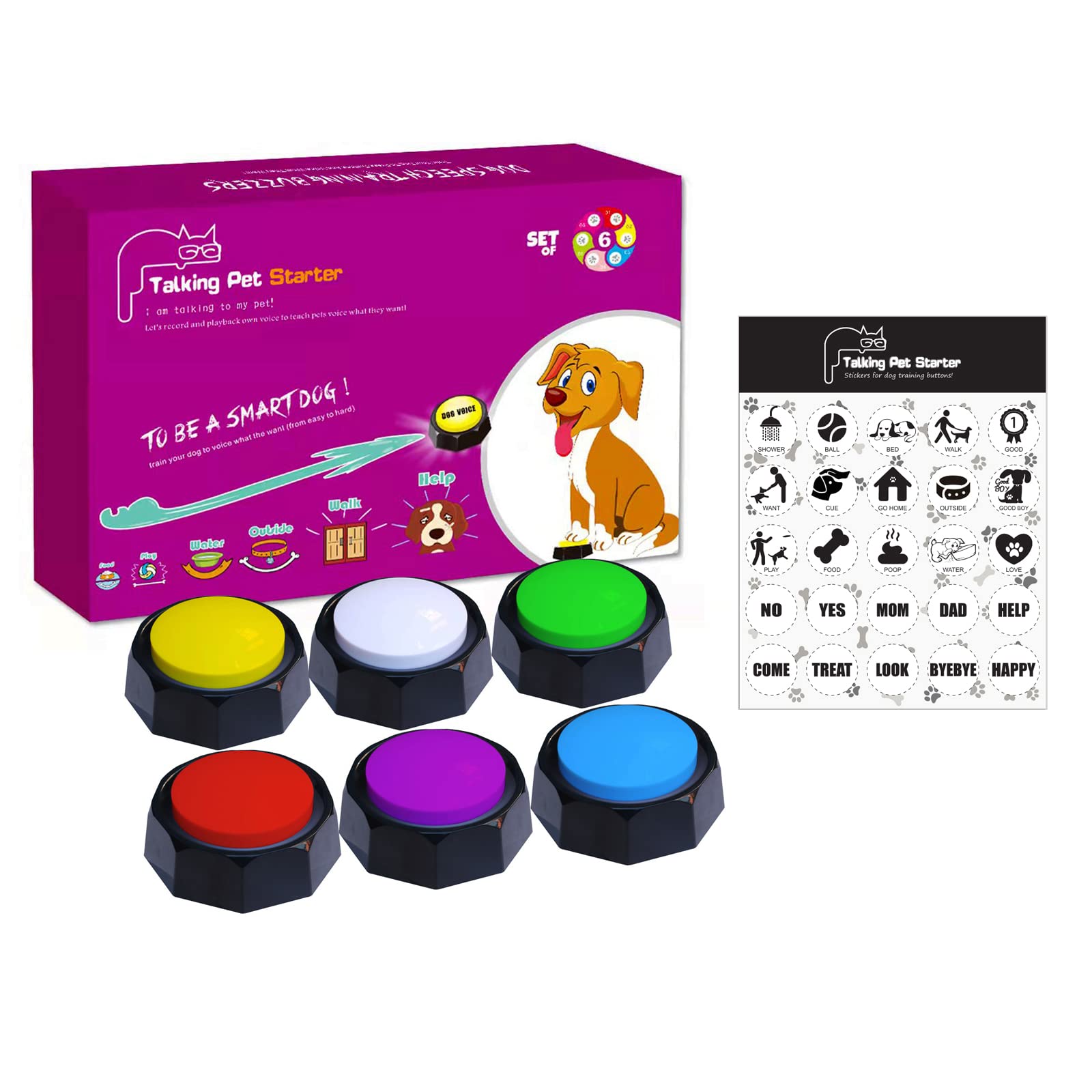 KiViRap Set of 6 Colors Dog Buttons-Recordable Button-Dog Speech Training Buzzer-Record & Playback Your Own Message