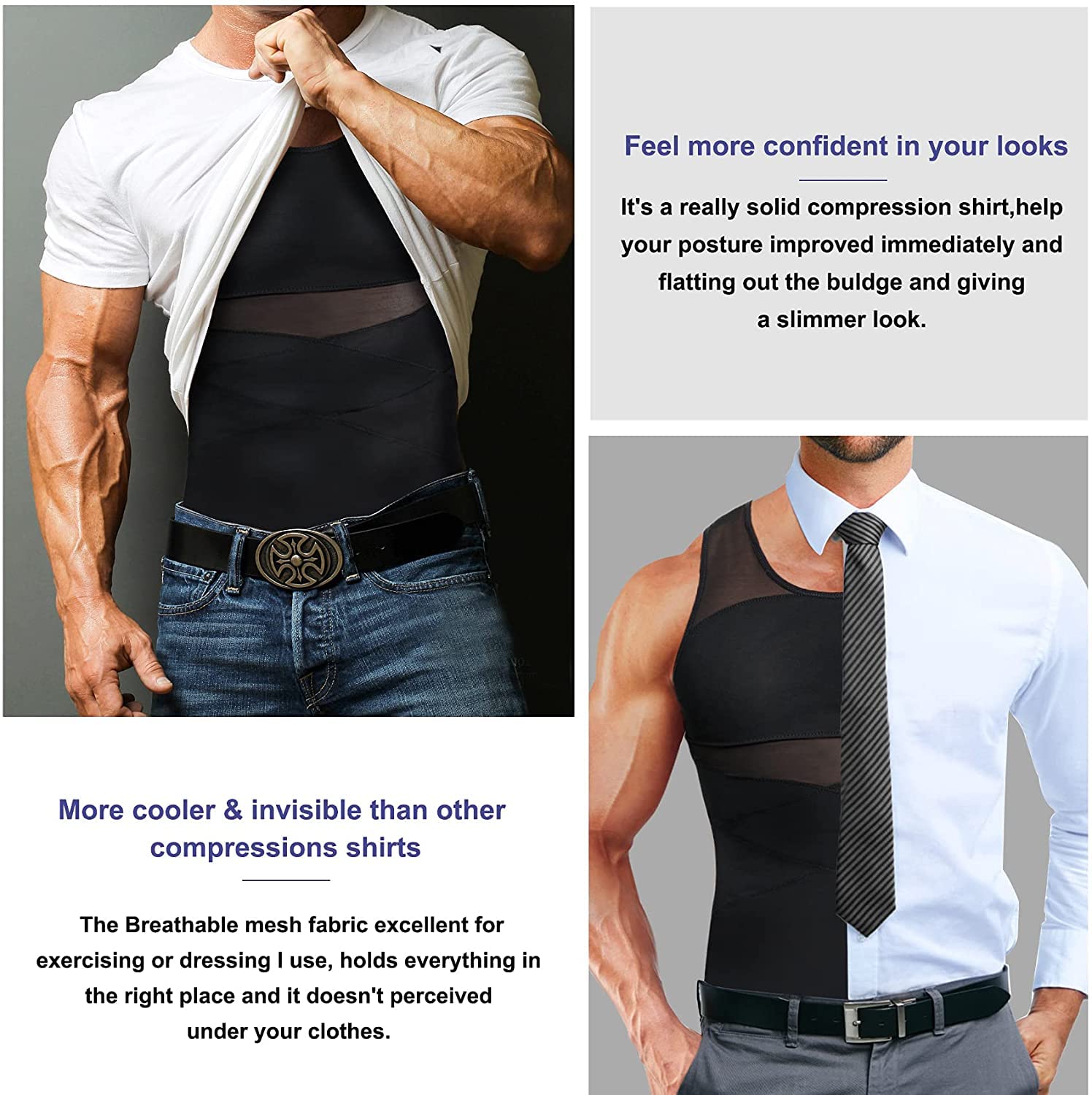 KUMAYES Camisa de compresión Hombre Camiseta Reductora Invisible Faja Reductora elástica para Abdomen Body Shaper