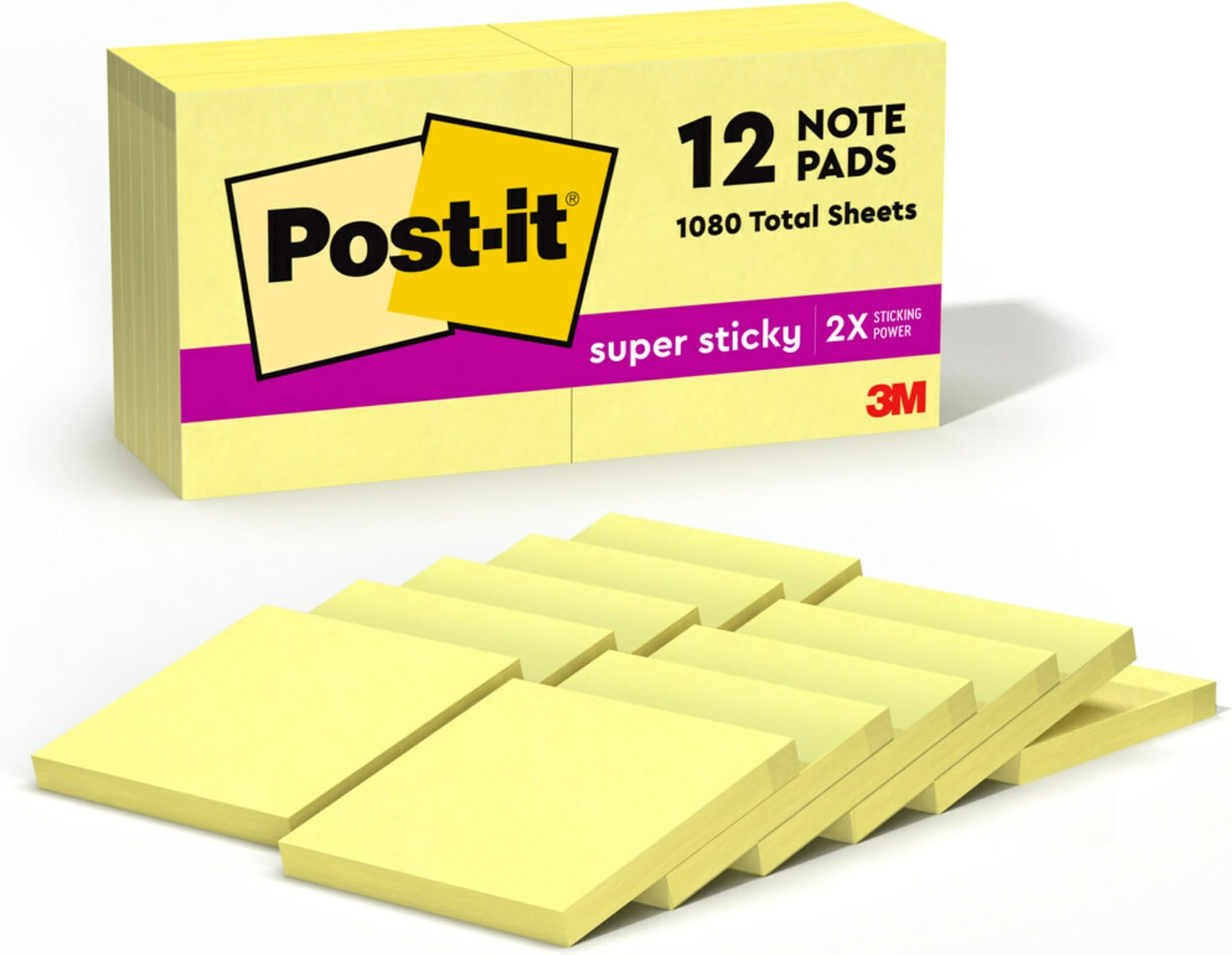 Post-it Super Sticky Notes, 3x3 in, 12 Pads, 2x the Sticking Power, Canary Yellow, Recyclable (654-12SSCY)