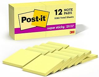 Post-it Super Sticky Notes, 12 Sticky Note Pads, 3 x 3 in., School Supplies, Office Products, Sticky Notes for Vertical Surfaces, Monitors, Walls and Windows, Canary Yellow