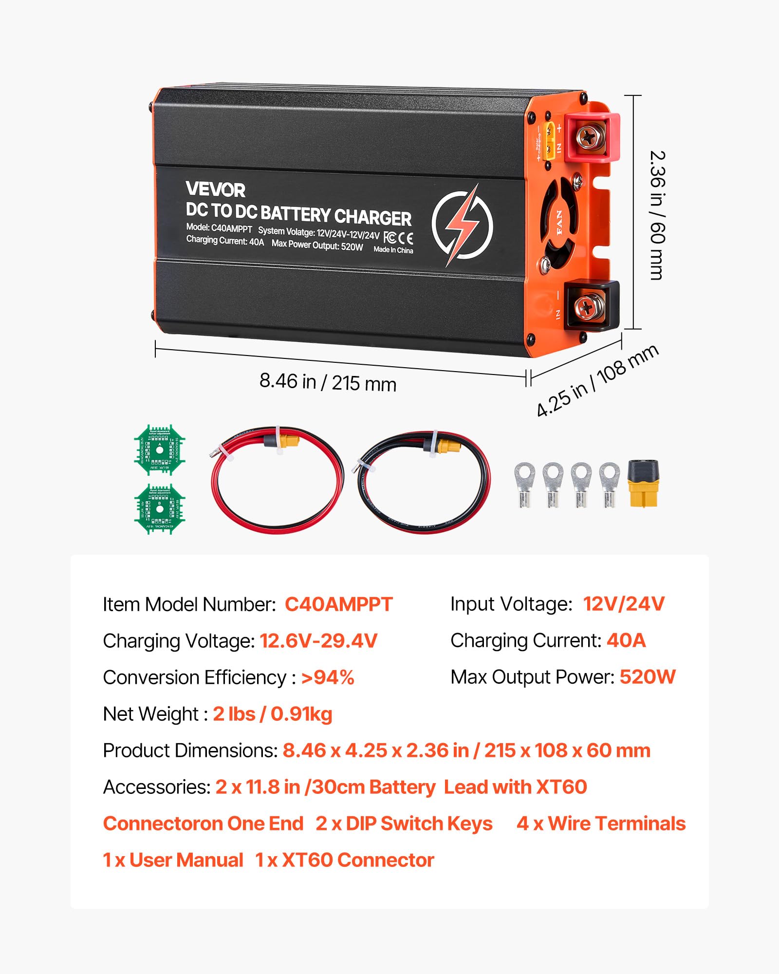 VEVOR DC-DC Batterieladegerät MPPT 520 W 40 A Ladebooster Dual-Eingang Solarpanel Lichtmaschine LiFePO4 Bleiakkus 12 V 24 V Wohnmobil