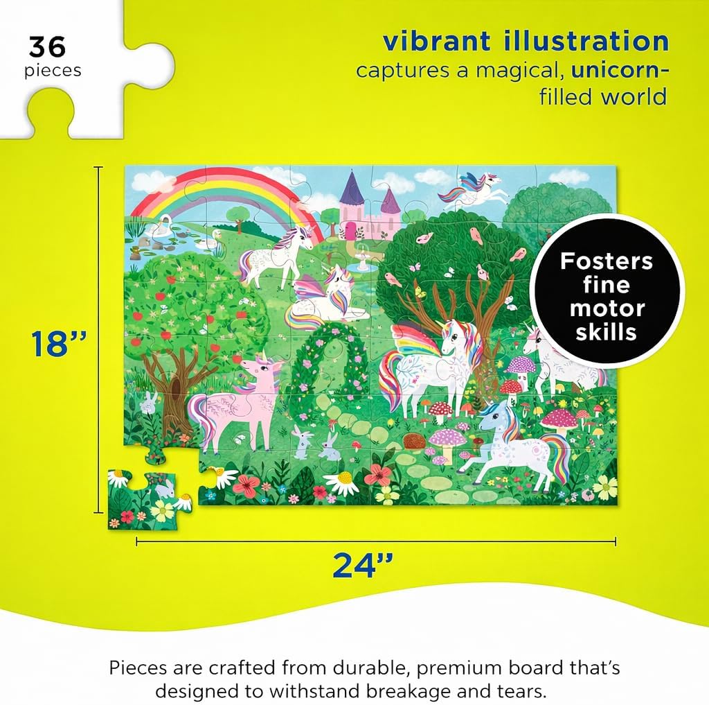 Crocodile Creek 36-Piece Jigsaw Floor Puzzle - Fun Floor Puzzles for Kids Ages 3-5 - Heavy-Duty Shaped Box for Storage - Unicorn Dreams - 24" W x 18" H Finished