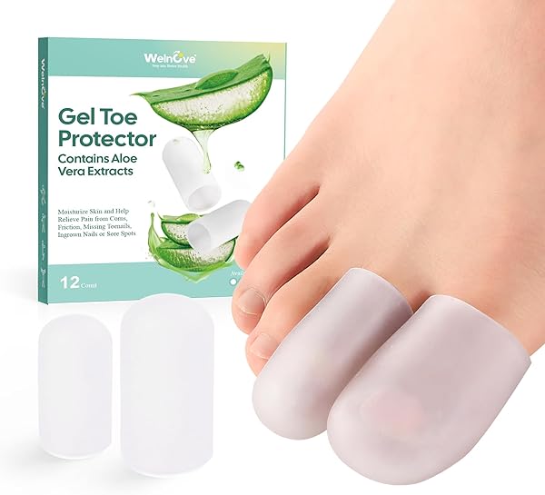 Welnove Gel-Zehenkappe und Zehenschutz - 12er-Pack Aloe Vera Extrakt infundiert Silikon Zehenabdeckungen - für Schmerzlinderung, fehlende oder eingewachsene Zehennägel, Hühneraugen, Schwielen, Blasen