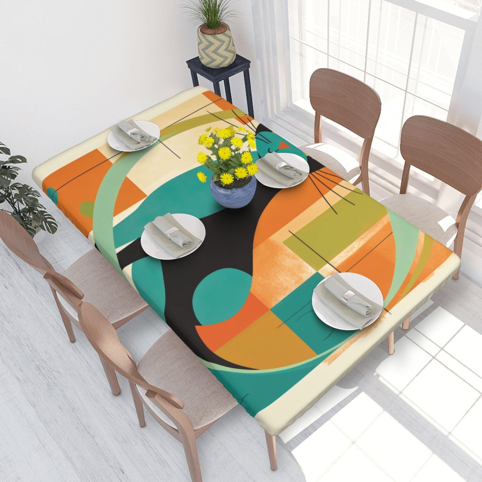 Dcarsetcv Mid-Century Modern Art Cat Printed 4Ft Waterproof Tablecloth With Elastic Edged Protect & Decor Your Table, Oil-Proof Washable Table Cloth Cover For Dinner Picnic Party