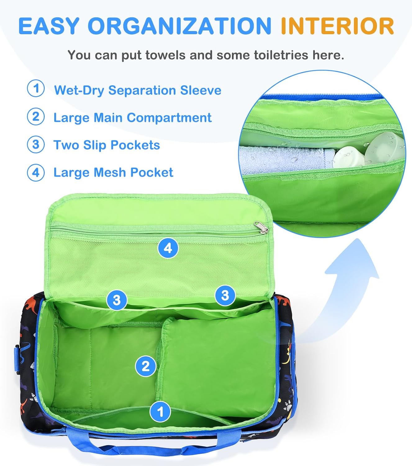 Kids Duffle Bag,VASCHY Travel Bag for Boys Water Resistant Overnight Duffle Gym Sport Dance Bags with Shoes Compartment Dry and Wet Pocket Carry On Weekender Bag Blue Dinosaur - Image 3