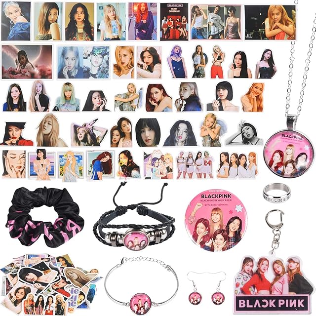 Blackpink Gift Set - 50 Stickers / 1 Hair Rope / 1 Necklace Earrings Bracelet / 1 Ring / 1 Badge / 1 Wrist Strap / 1 Keychain