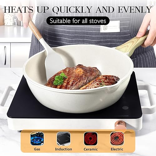 Miniatura 5 de GiPP Sartén antiadherente profunda Sartén para saltear de 11 pulgadas con tapa, utensilios de cocina de inducción de granito, sartén antiadherente