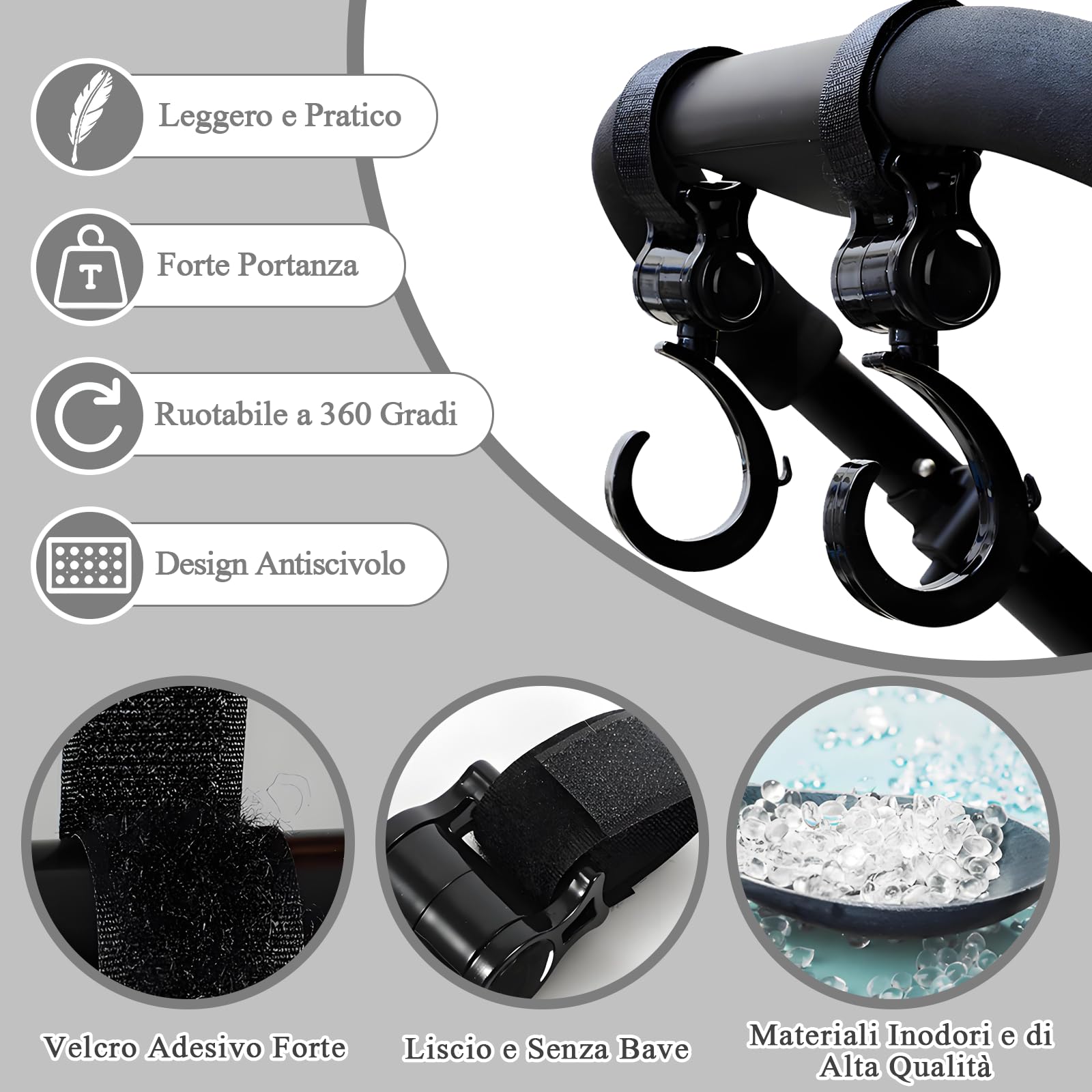 6 Pezzi Nero Ganci Passeggino Antiscivolo, Gancio Passeggino Universali Gancio Passeggino per Borsa Rotanti Ganci Borsa Passeggino di Leggero per Passeggino Amaca Borsa Passeggino