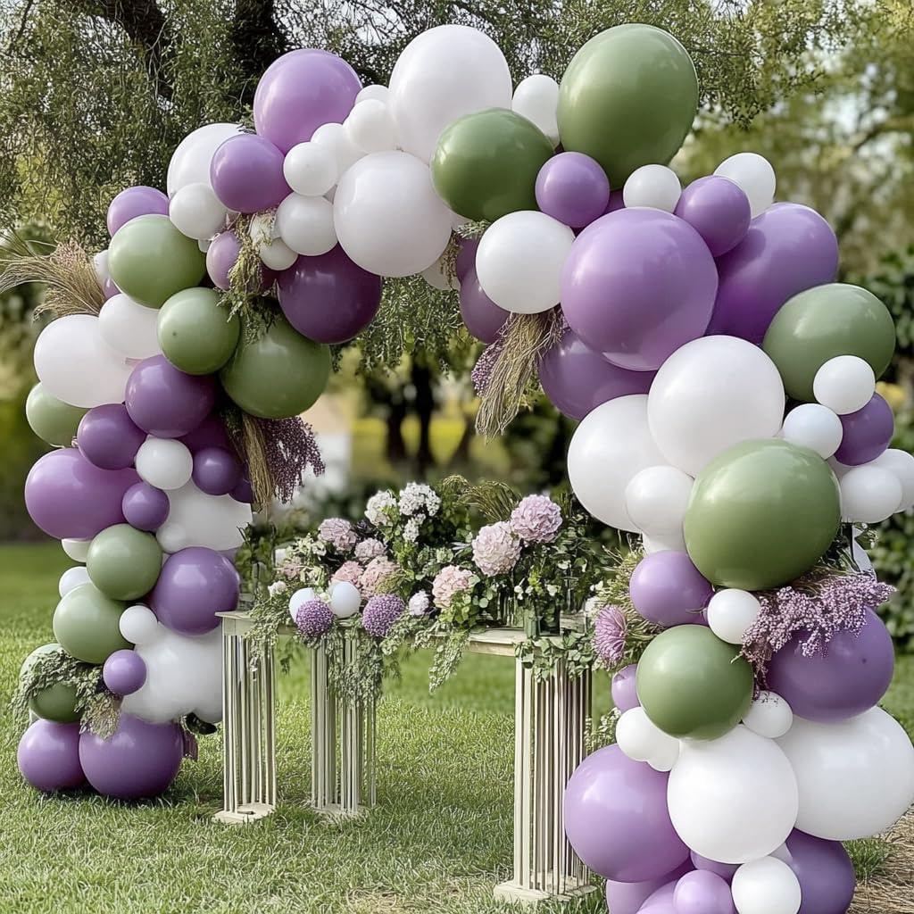 Green Purple White Balloon Garland Double Stuffed Lavender Light Mist Green Ivory Pastel Balloon Arch Kit with Lilac Blush Color for Baby Shower Birthday Wedding Flower Party Decoration