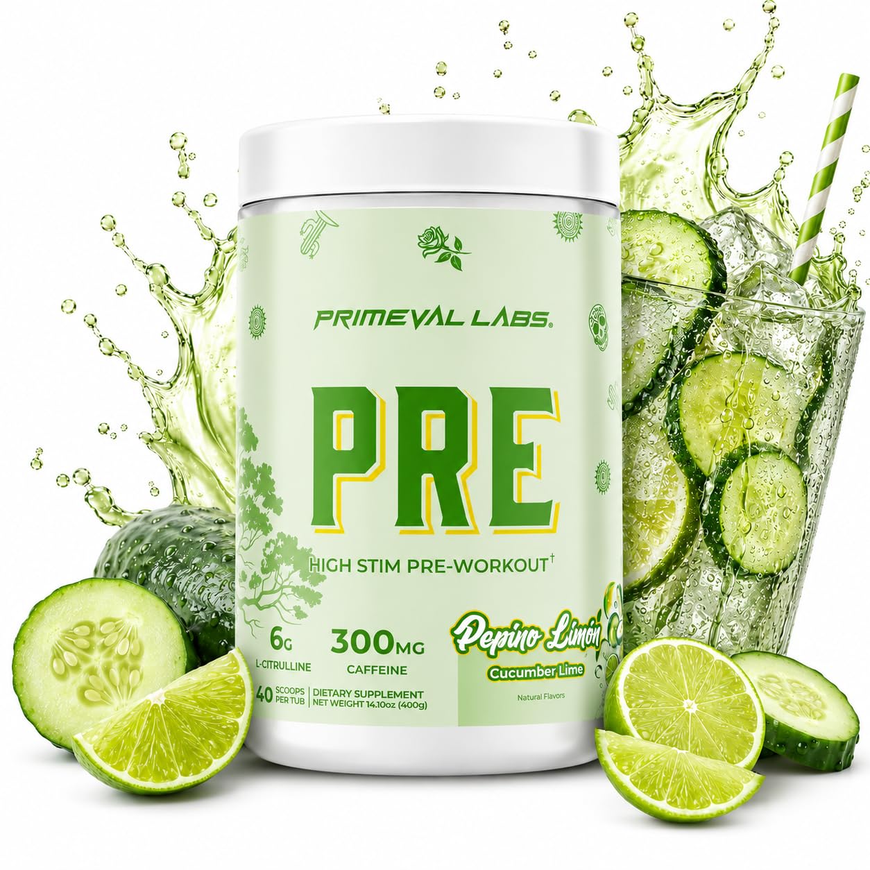 Primeval Labs Pré-treino com cafeína 300 mg, Pepino Limón, 40 porções