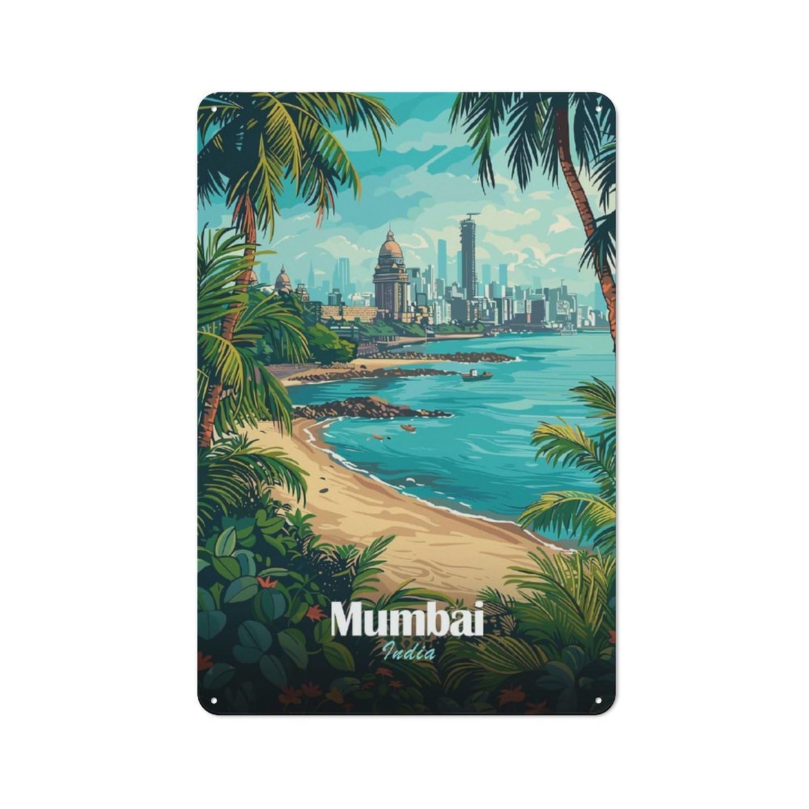 Junmoney Style-5 Mumbai Cityscape With Beach Printed Metal Sign 30X20cm For Dining Room Or Kitchen, For Kitchen Wall Decor Lovers