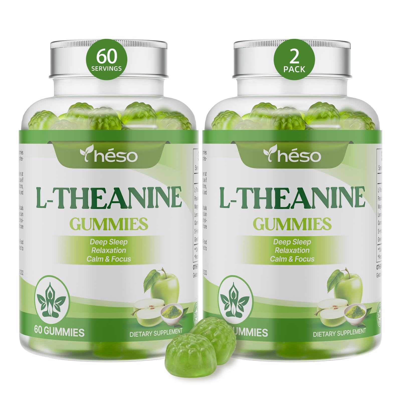 L-Theanine Gummies 400mg, Green Apple, 120 Count, 2 Pack 60 Count (Pack of 2)
