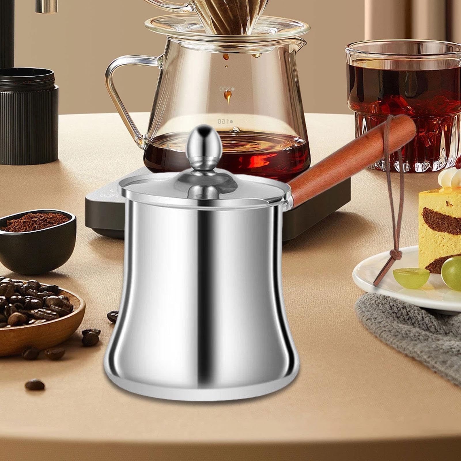 Cafetière Turque F Fityle 600ML - Poignée En Bois, Bec Verseur - Pour Latte Art, Mousse De Lait - Acier Inoxydable