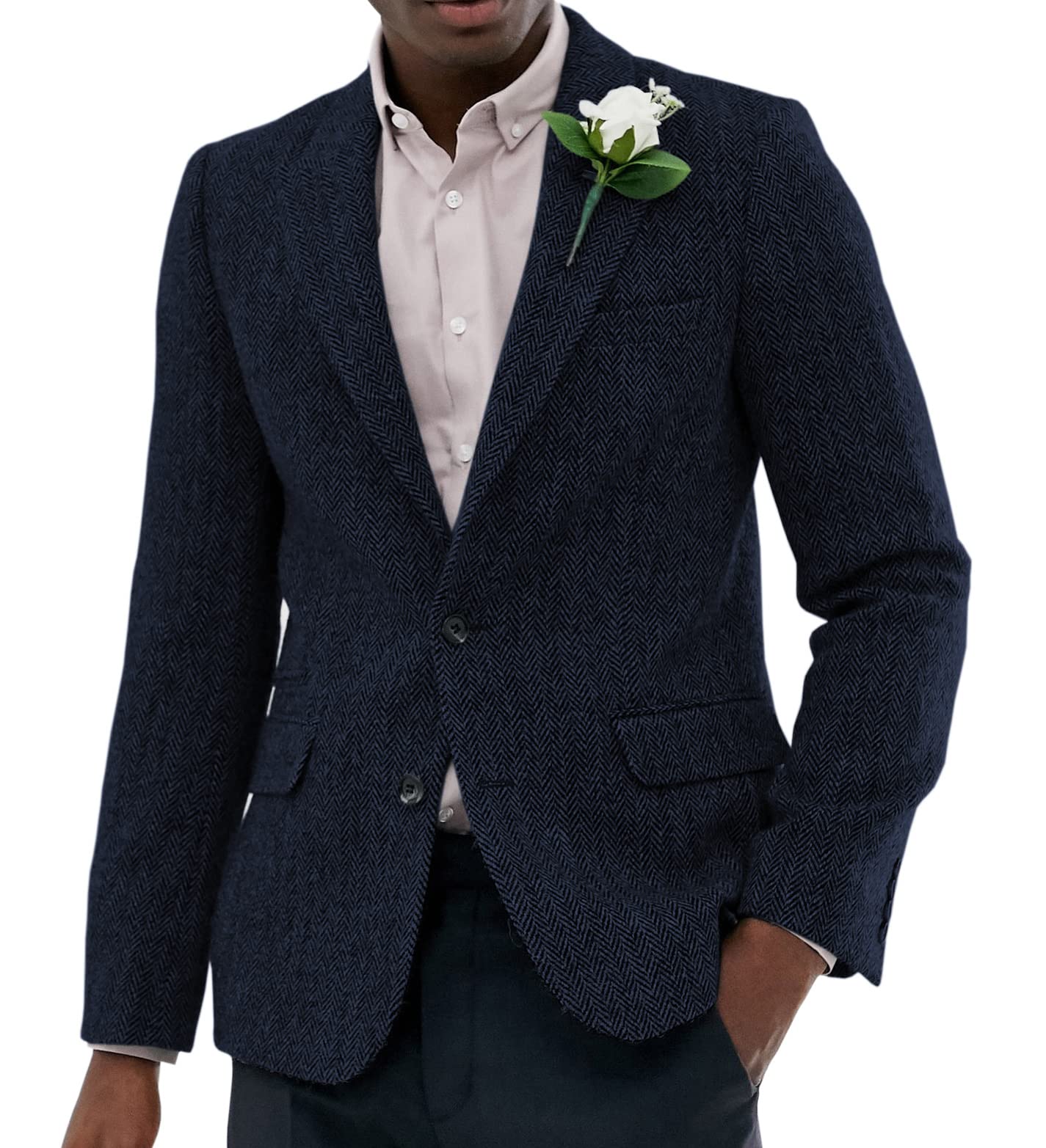 Solovedress Men's Classic Herringbone Blazer Tweed Coat Tuxedos Suit Jacket For Wedding Groomsmen(Navy,S)