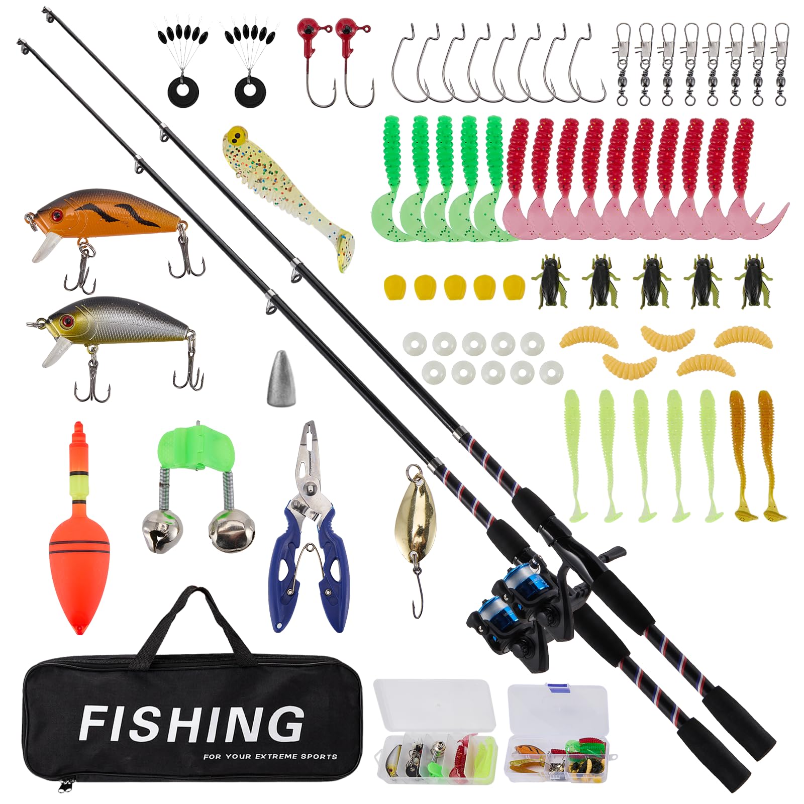Kids Fishing Rod Set of 2, 42-180cm Telescopic Fishing Rod and Spinning Reel Combo with Line, Spinning Reel, Lures Kits, Carry Bag, Travel Fishing Rods for Boys Girls Beginner Starter