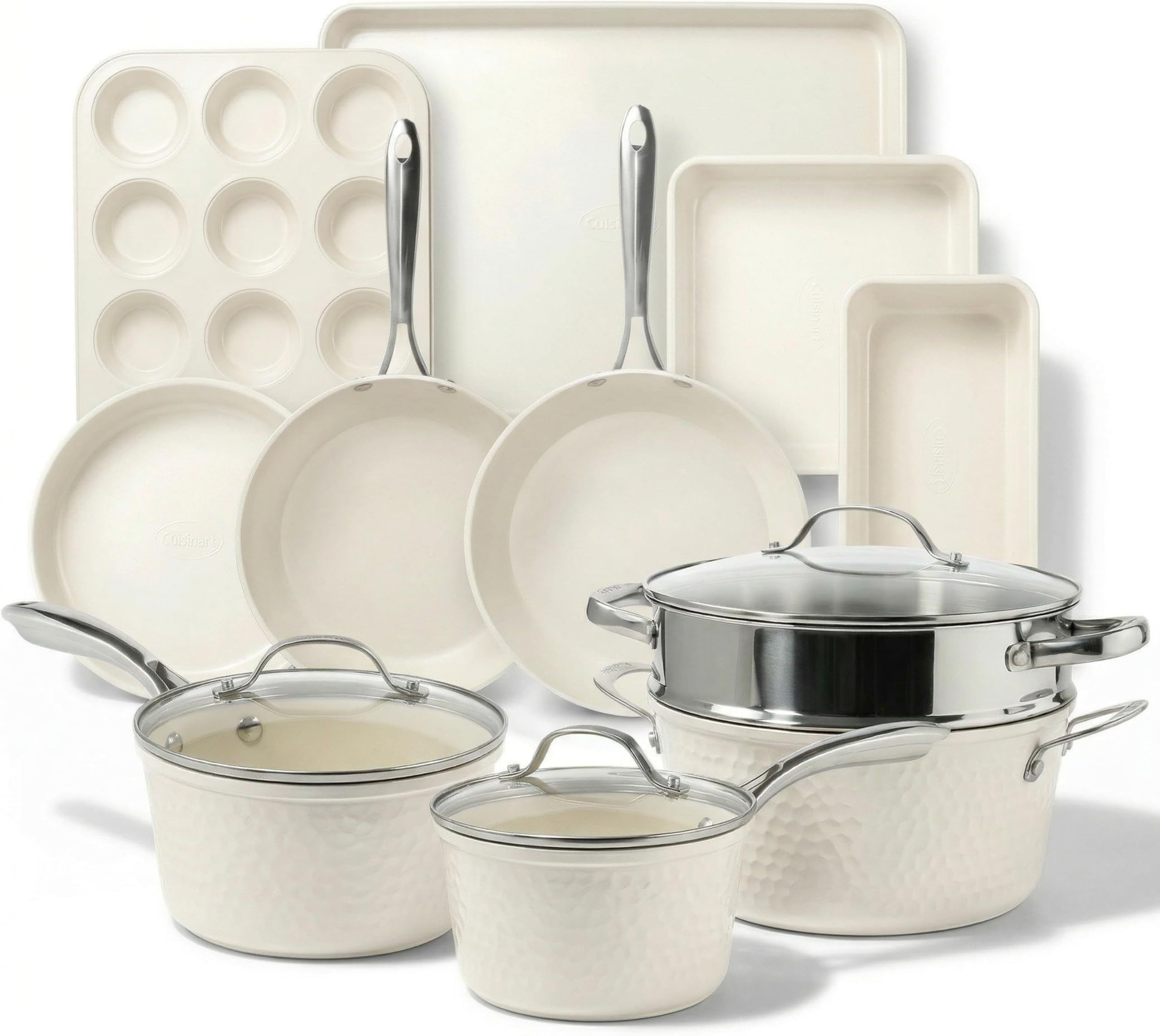 Hammered 15 Piece Pots and Pans Set Non Stick Cookware Set, Pot and Pan Set, Kitchen Cookware Sets, Non Toxic Ceramic Cookware Set, Induction Cookware, Dishwasher Safe, Cream White