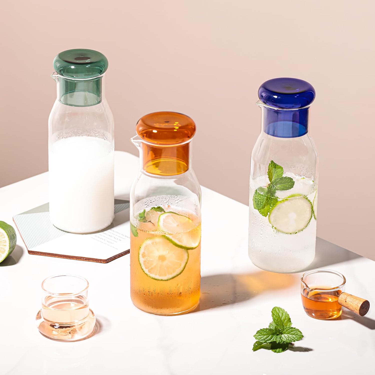 hjn Small Glass Pitcher Glass Water Carafe with Cup Lid, Fridge Water Jug Cold or Hot Beverages, Iced Tea, Milk, Juice 830ml/28oz & clear cup lid (Glass Pitcher-Clear cup lid) - Image 6