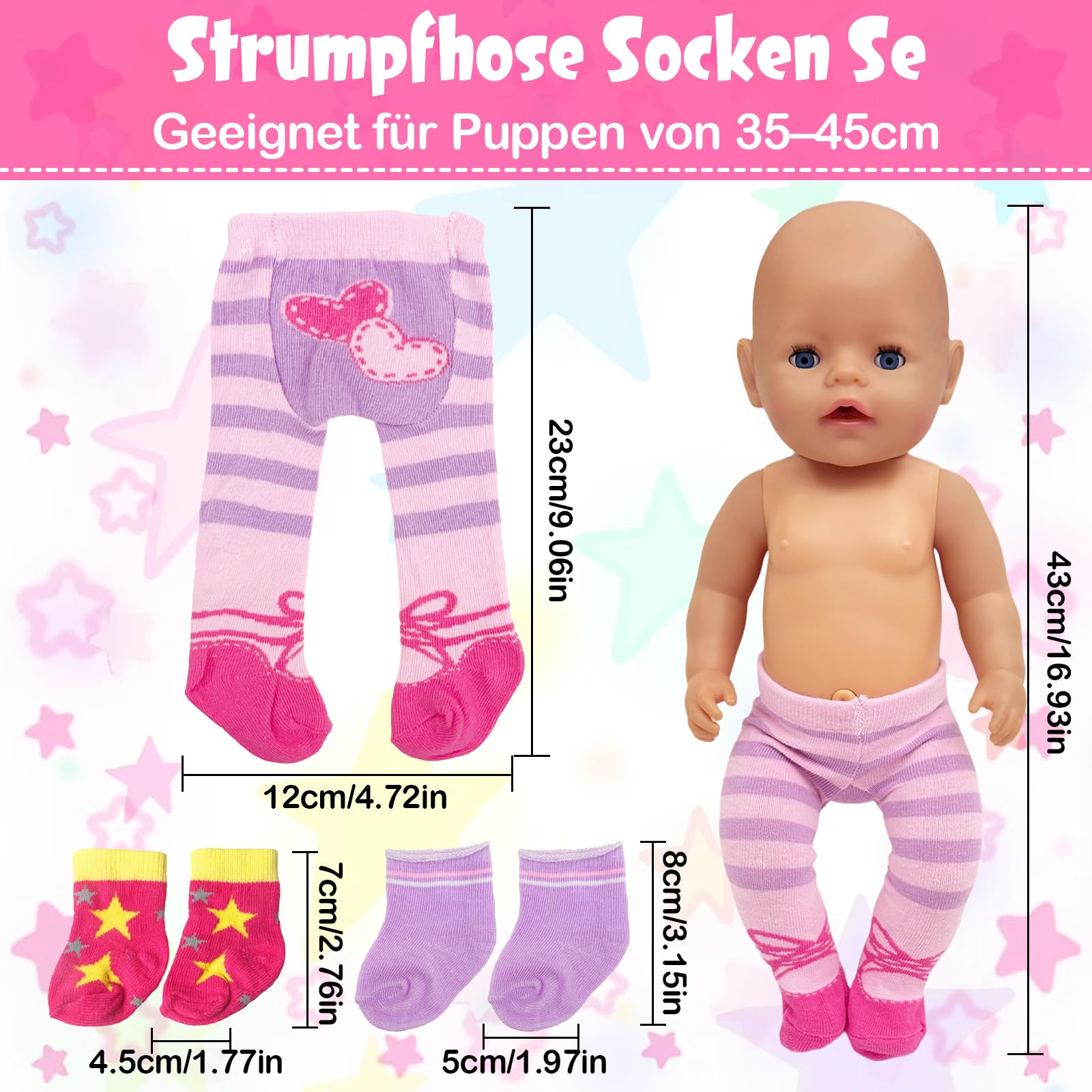 Xerteam Doll Tight with Pink Heart Pattern + 2 Doll Socks for 33-43cm Dolls, Cute Baby Dolls Socks Set for 14-18 Inch - Image 2