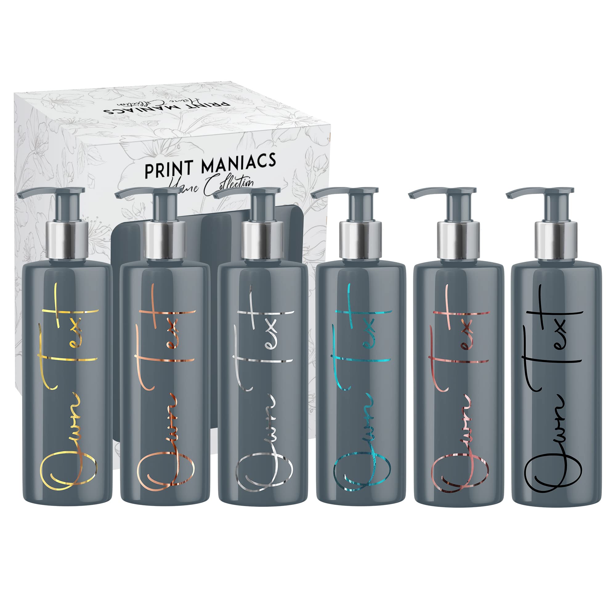 Print Maniacs Personalised Create your own Set Mrs Hinch Inspired Signature 500ml Dispenser Pump Bottle Add Name Custom Own Text (Grey, 6 Bottles)