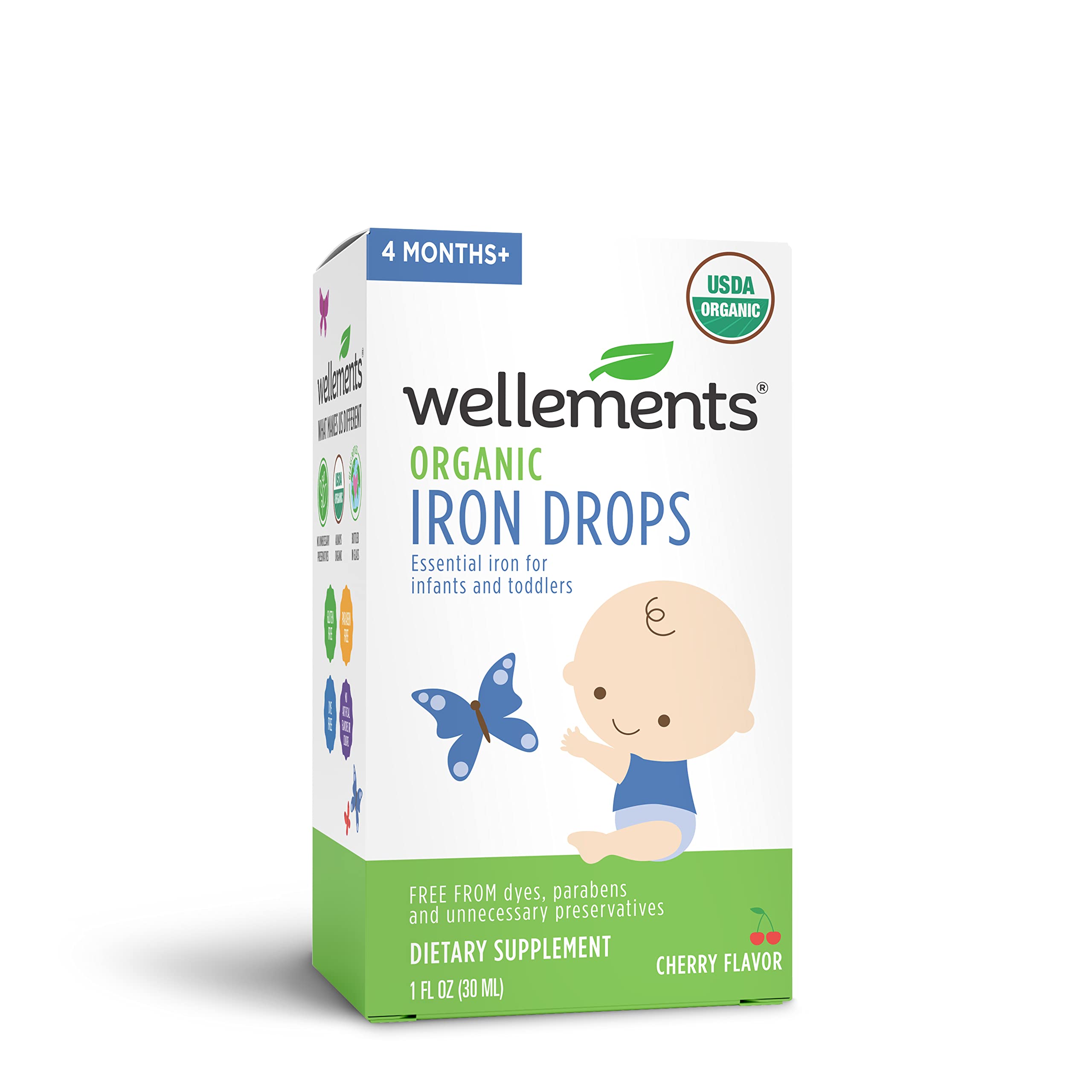 Wellements Organic Iron Drops, 1 Fl Oz, Liquid Iron Vitamin Supplement for Infants and Toddlers, Free from Dyes, Parabens,...