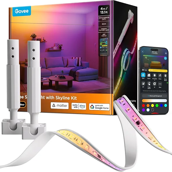 Govee Strip Light with Skyline Kit, 13.1ft Smart LED Strip Lights Work with Alexa, Google Assistant and Matter, RGBWWIC Color Changing Light Strip, LED Lights for Bedroom, Party, Home Decor