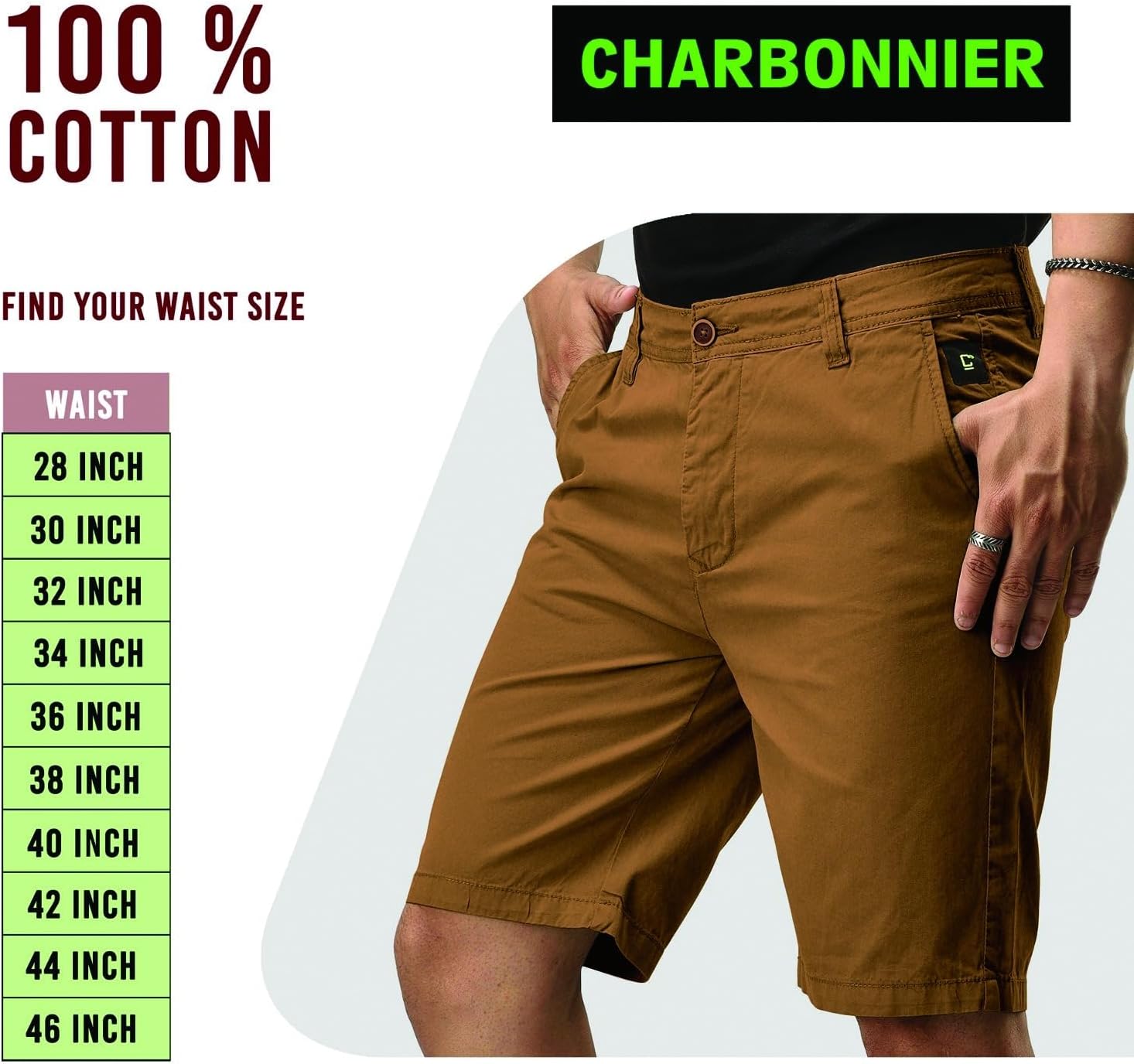 CHARBONNIER Chino Shorts for Men's Performance Series Extreme Comfort, 100% Cotton, Unique Colors