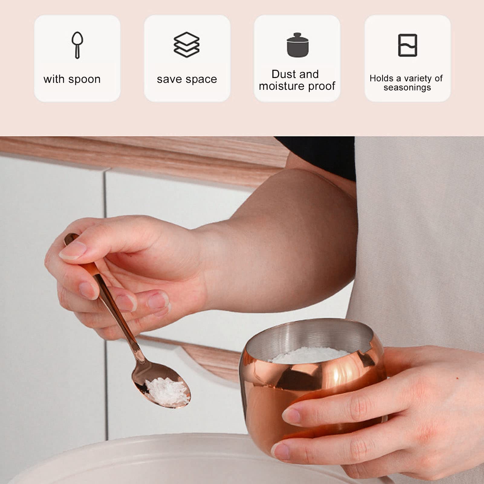 Edelstahl-Gewürzbehälter-Set, Gewürz-Salz-Zucker-Behälter, Gewürzglas-Löffel-Set, Gewürzglas mit Deckel, Löffelhalter für die Küche (Rose Gold)