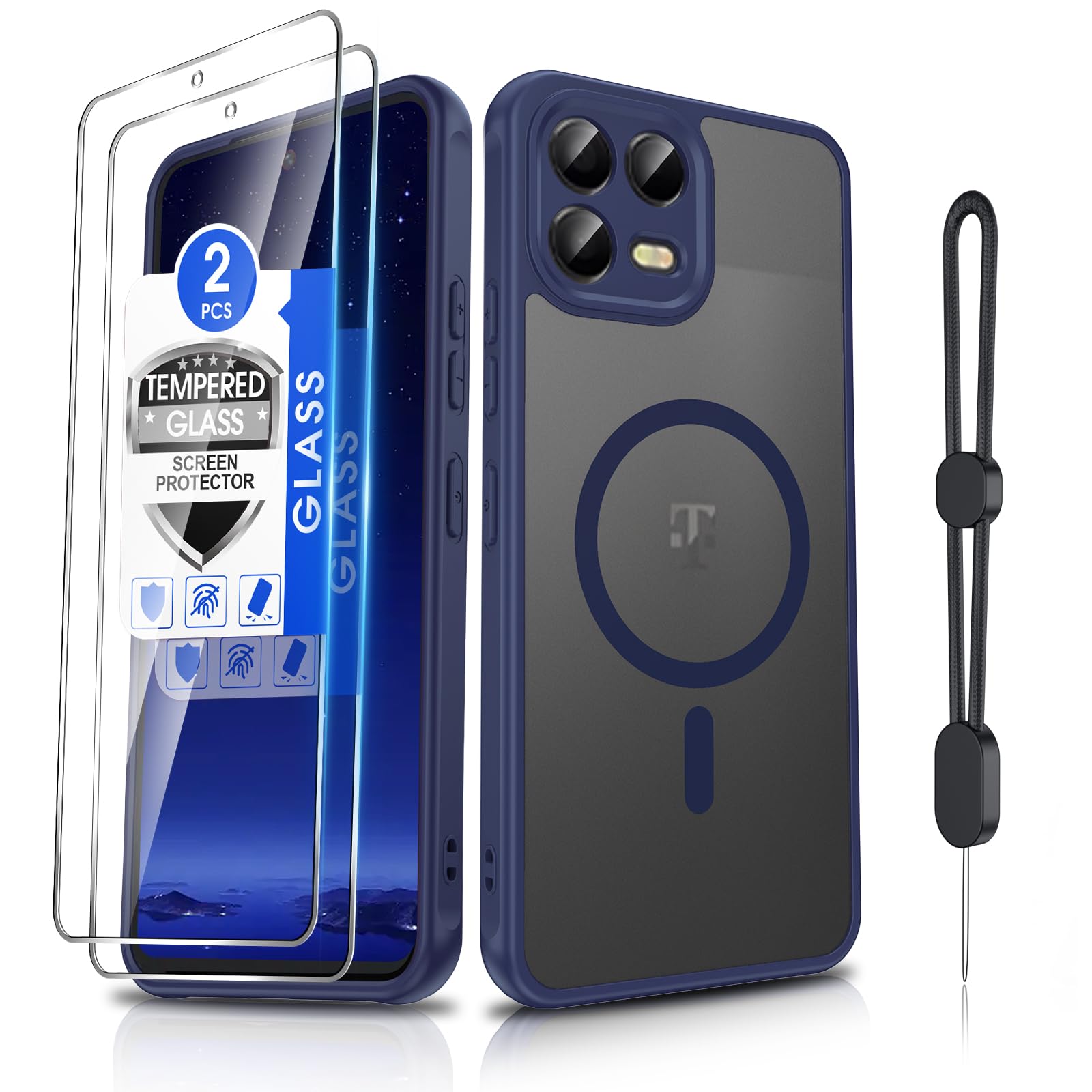 Dizn for T-Mobile Revvl 8 Pro Matte Case,[Not Fit Revvl 8],with Tempered Glass Screen Protector, Compatible with MagSafe,with Strapb, Magnetic Shockproof Fundas Protective T-Mobile Revvl8 pro, Blue