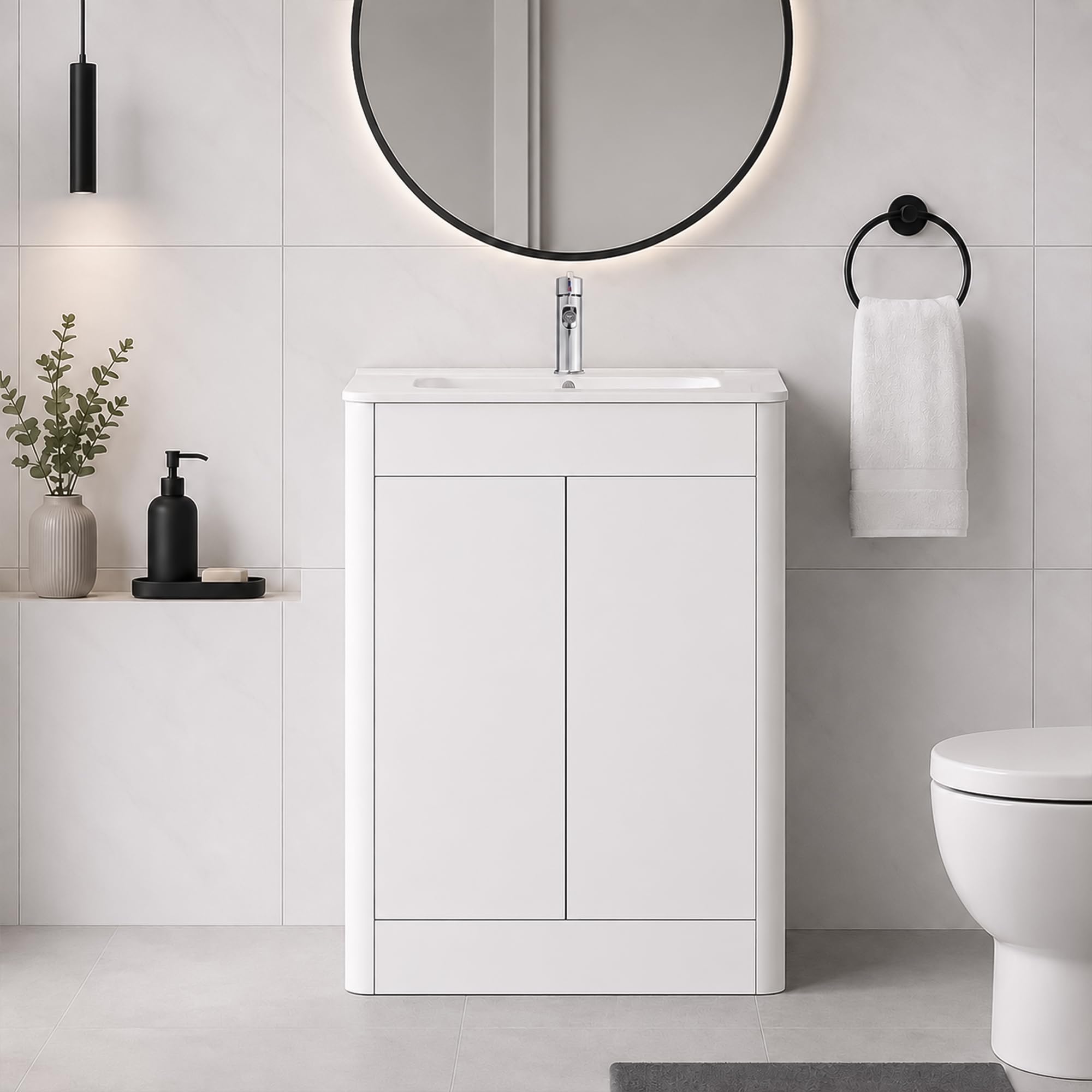 BELOFAY Vanity Unit with Basin | 600mm Floor Standing Bathroom Vanity Unit with Basin | High Gloss White | Push to Open Doors | With 1 Tap Hole Ceramic Basin & Waste (Edison White) — image 1