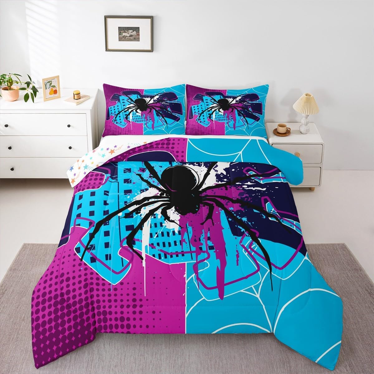Black Spider Kids Comforter Set King Size,Spider Web Arachnid Insect Animal Bedding Set,Boys Girls Woman Man Room Decor,Happy Halloween Modern Quilt Comforter,Pink Blue Duvet Insert,2 Pillowcases