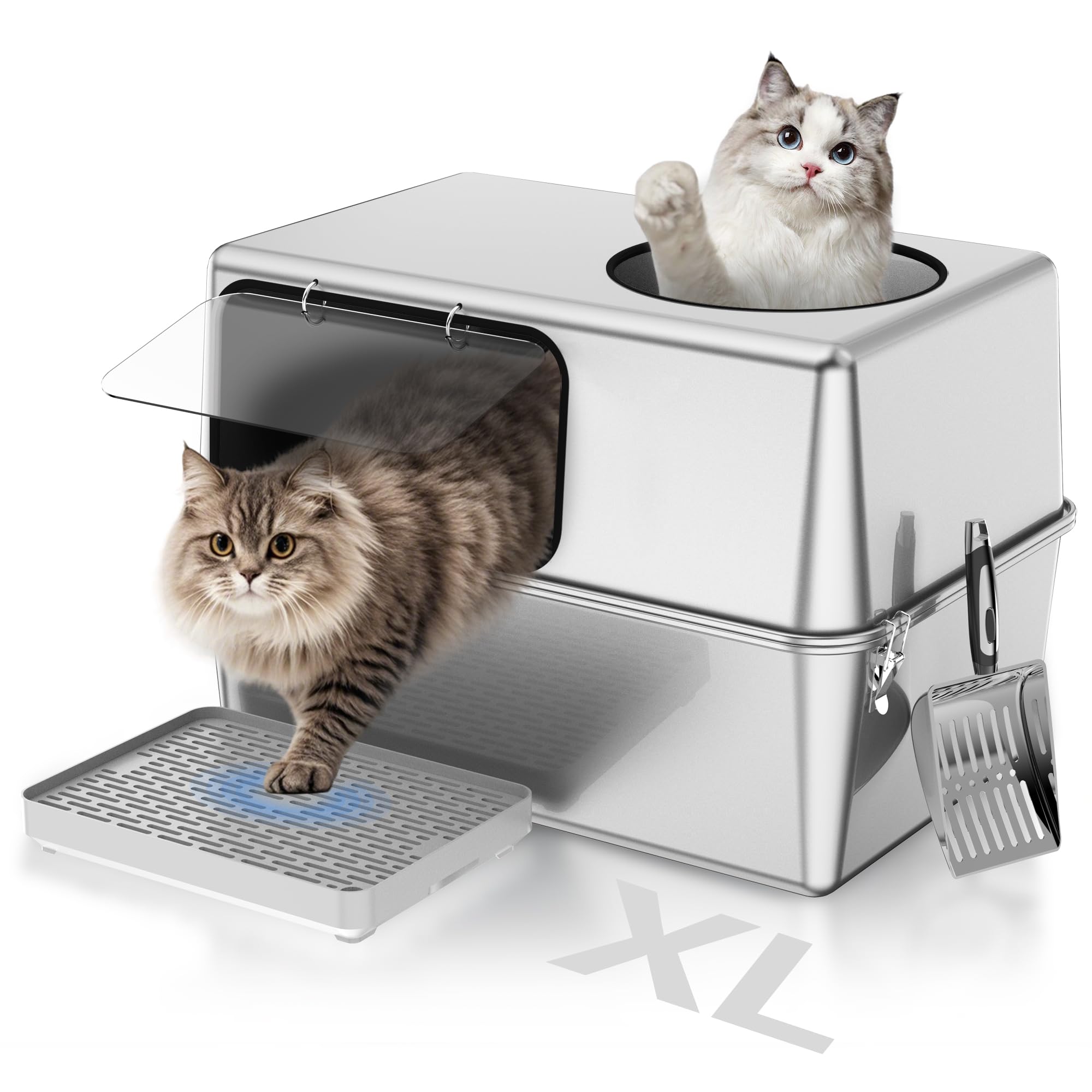 Stainless Steel Litter Box with Lid – Dog Proof, XL Enclosed Metal, High Side, Odor Control, for Big Cats & Multi-Cat Household, Black, Dubble Entry (Top and Side)