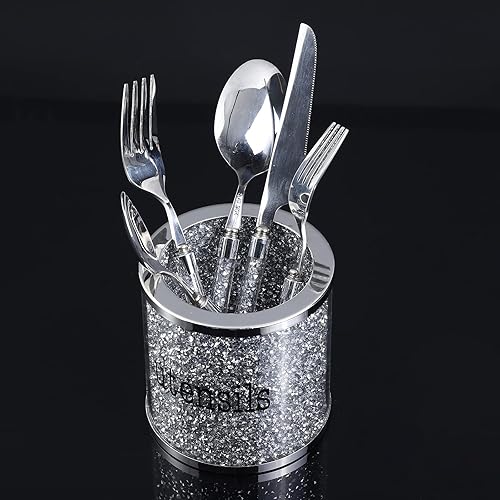 Miniatura 5 de Lmaray Vajilla plateada de cristal para utensilios, lata de almacenamiento de utensilios brillantes, organizador de cilindros con marco de metal