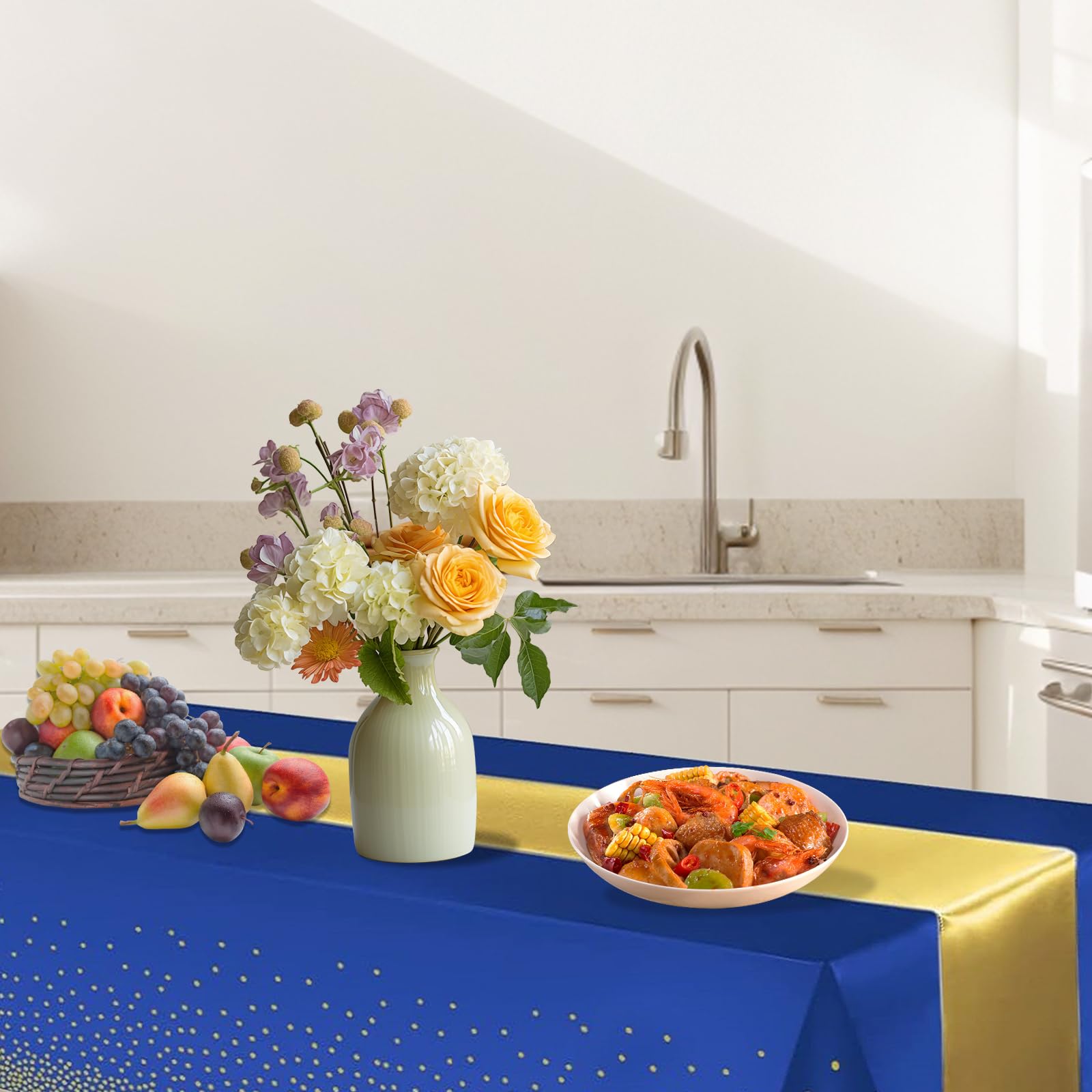 Tovaglia Blu E Oro Con Pois Dorati - 137x274 Cm In Plastica Biodegradabile Per Feste E Compleanni - Foto 6