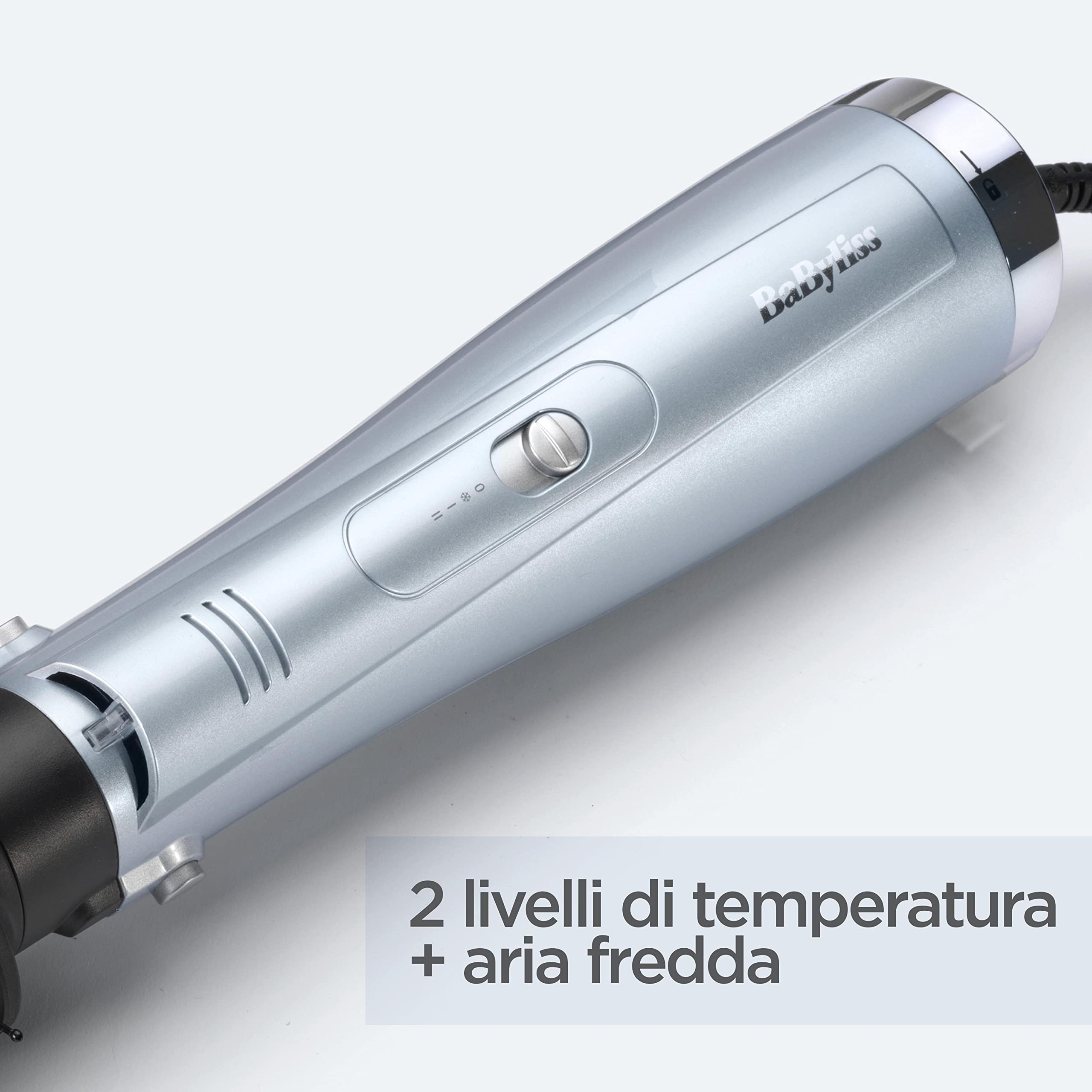 BaByliss Hydro-Fusion 4in1, Spazzola ad aria calda, 4 accessori intercambiabili, funzione ionica anti-crespo, asciuga, liscia, dona volume e modella, Azzurro, AS774E