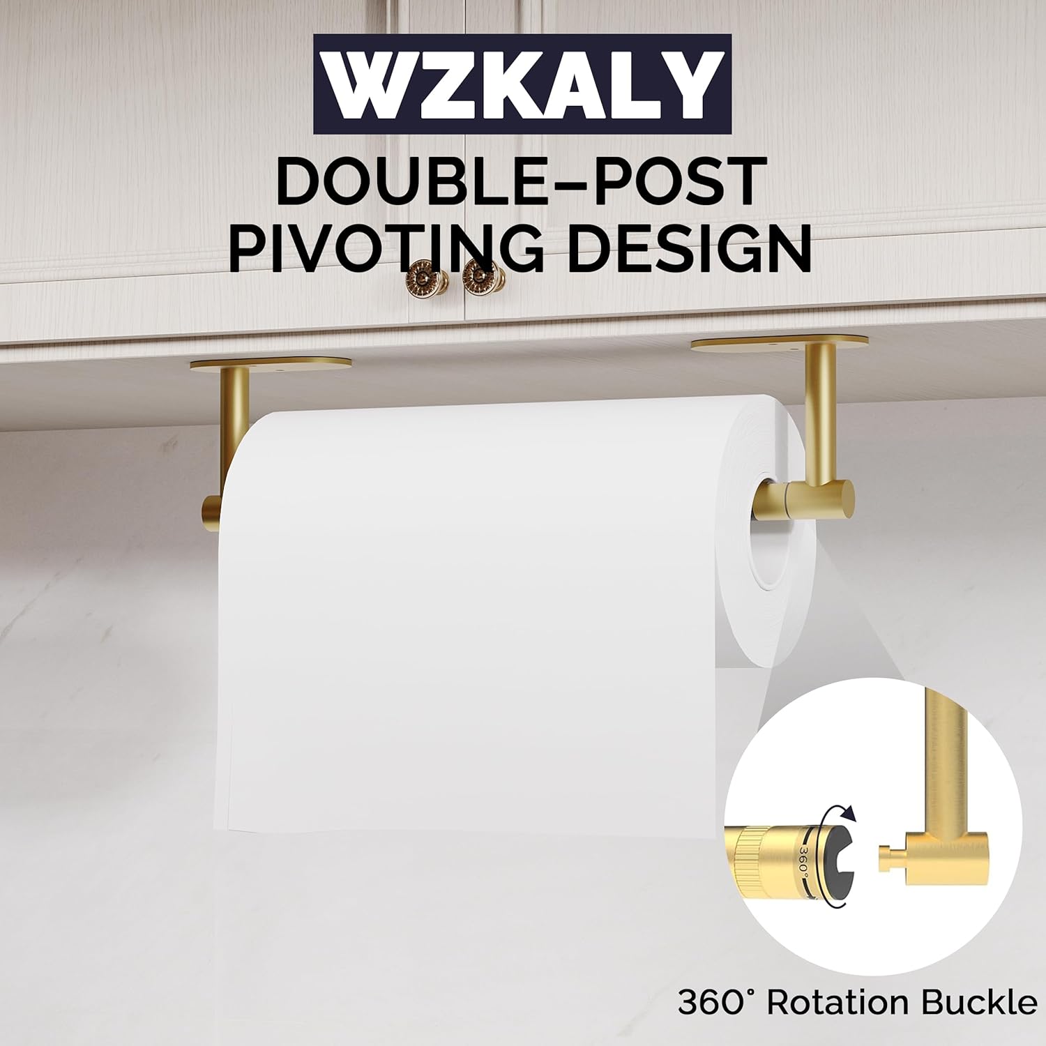 Paper Towel Holder Under Cabinet, Self Adhesive or Wall Mounted SUS304 Stainless Steel Paper Towel Holder for Kitchen, Farmhouse, Barbecue and Laundry (Brushed Gold)