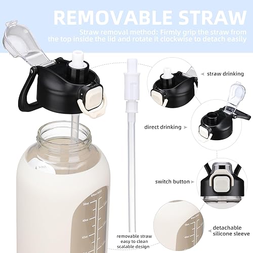 Miniatura 2 de SIEROZUR Botella de agua de vidrio de 32 onzas con popote y asa, botella de vidrio deportiva a prueba de fugas con marcador de tiempo, jarra de agua