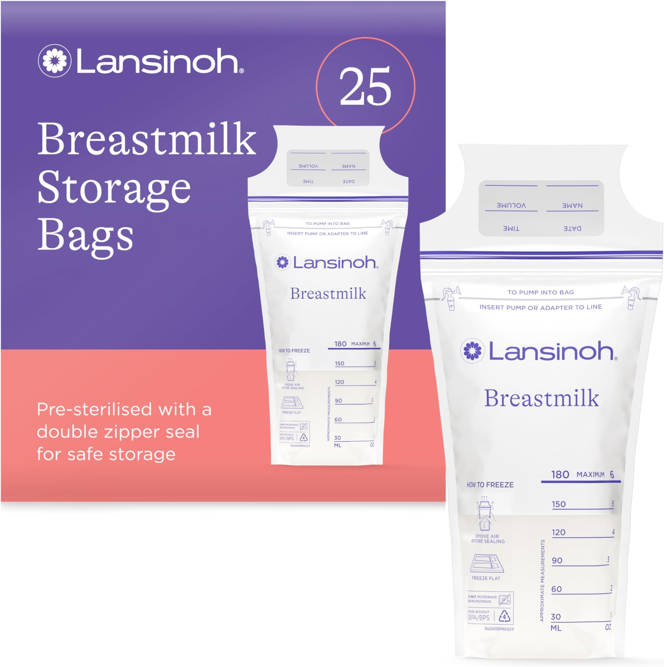 Breast Milk Storage Bags - Pre-Sterilised, Leakproof & BPA/BPS-Free - Fridge & Freezer Breastmilk Pouches - Pump into bag with Lansinoh Breast Pumps - Breastfeeding Essentials - 25 Pack