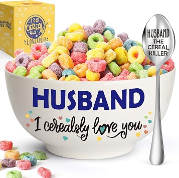 YEUYUQIU Gifts for Husband - Husband Gifts from Wife - Wedding Anniversary, Husband Cereal Bowl and Cereal Killer Spoon Set - I Love You Gifts for Him - Christmas Birthday Gifts for Husband | Ideal Valentines Day Father's Day Wedding Anniversary Christmas Birthday Gifts for Husband, I Love You Present for Hubby