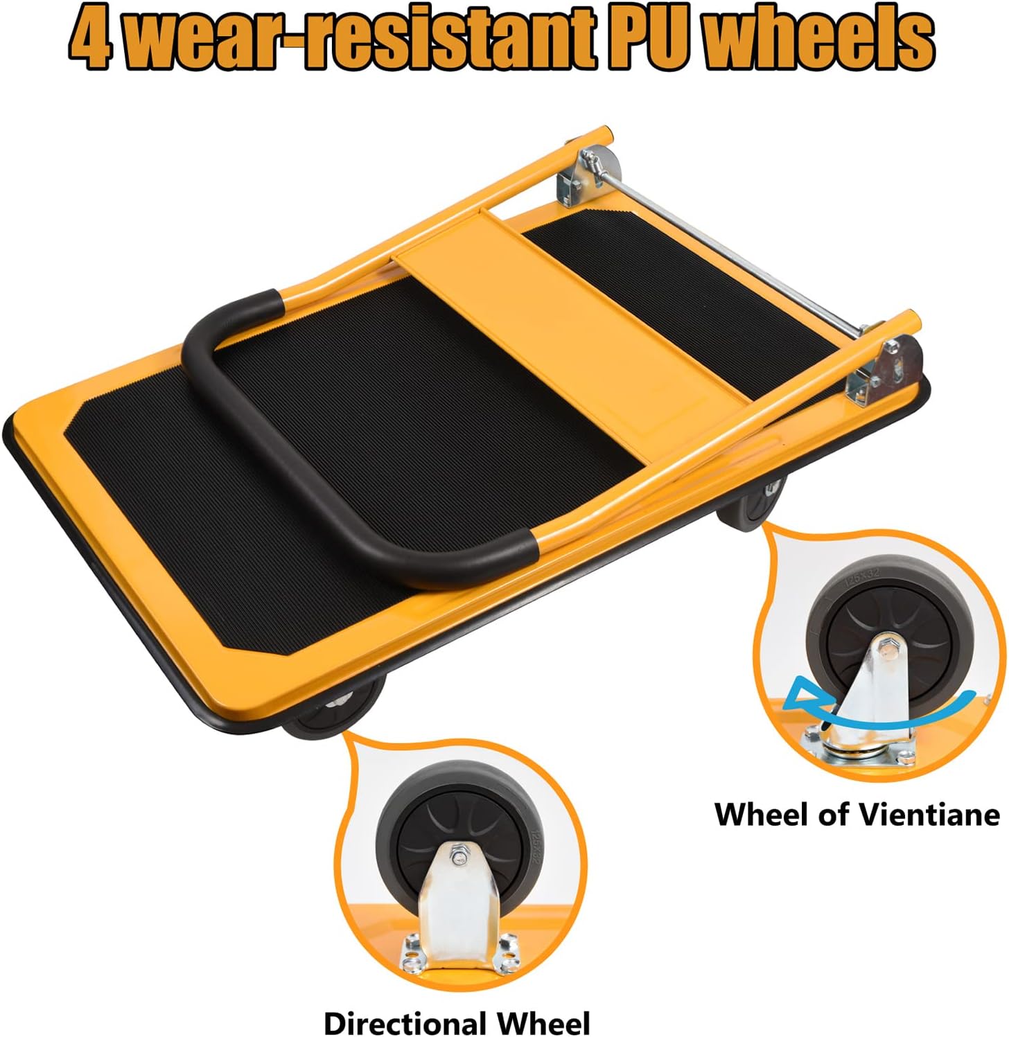 LEADALLWAY Platform Truck Large Size 880lbs Foldable Push Cart 35.8x24x34.3inches Yellow with 2 Ropes