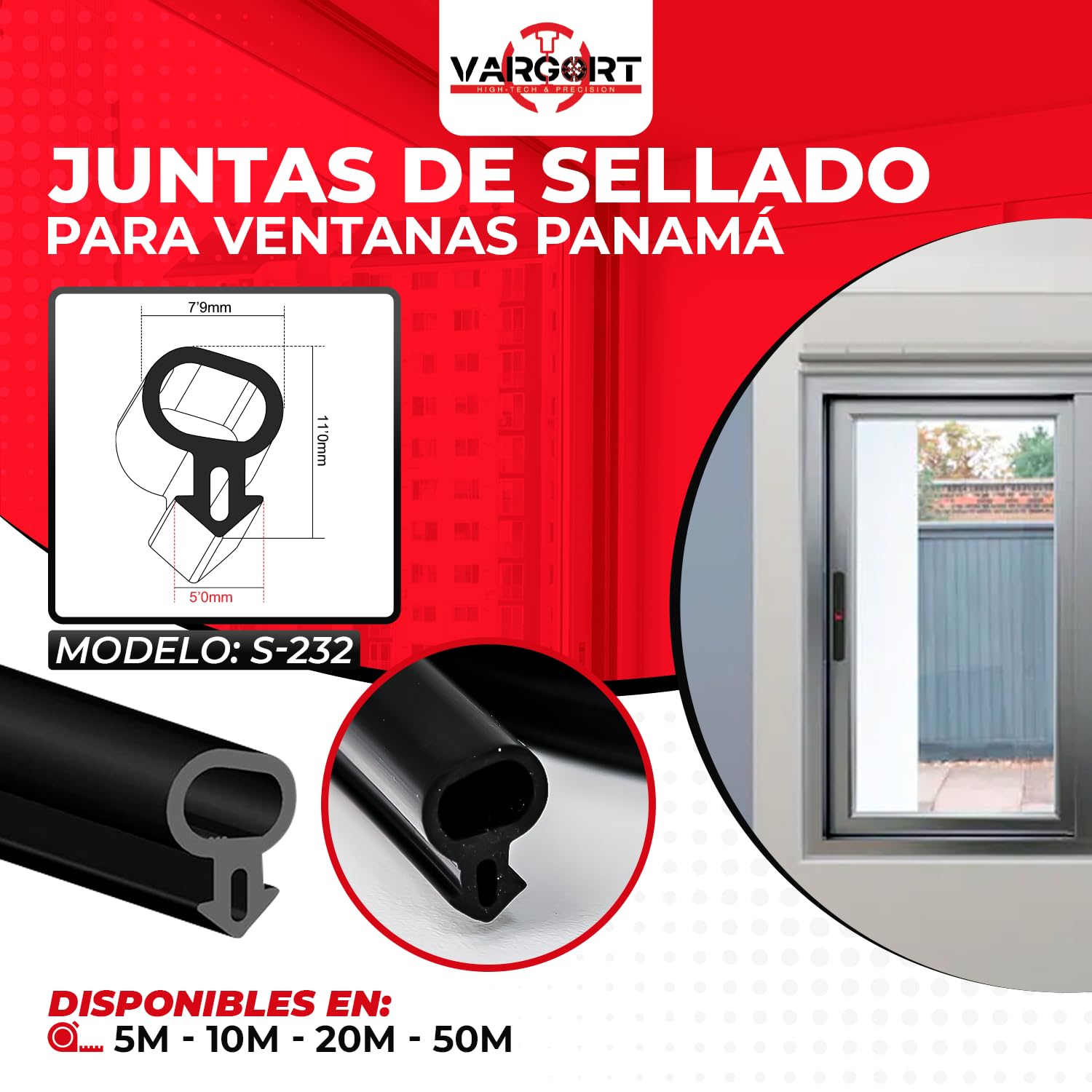 Perfil de Goma para Ventana PVC y Aluminio S-232 | Sellado para interiores y exteriores, aislamiento y estanqueidad | Compatible con Ventanas Panamá | Perfil 5mm | 50 Metros (2 Rollos de 25 m)