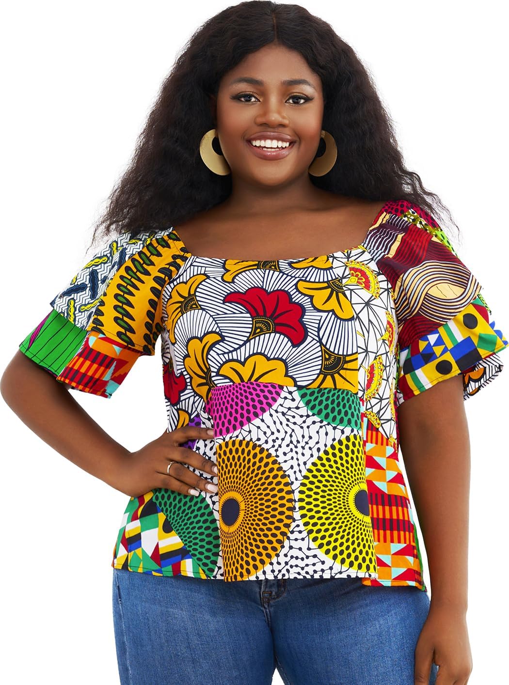 HongyuAmy Women's African Print Patterns Tops Kente Patchwork Cloth Blouse