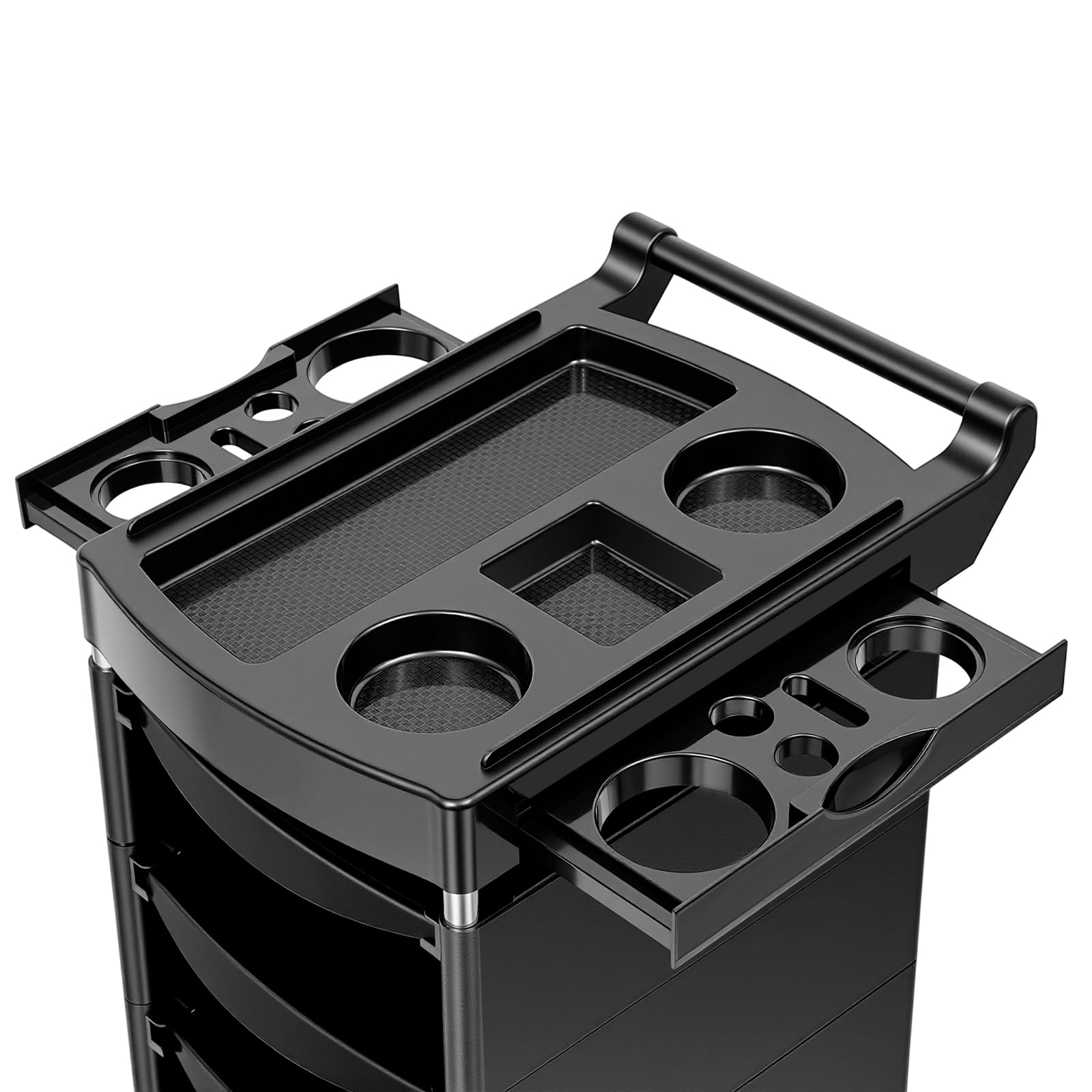 Carro de Peluquería Negro, Carro con Ruedas, Lavacabezas Peluqueria con 5 Cajones y Ruedas 360°, Bandeja Superior 30kg, Carros de Mantenimiento con Ruedas, para Salón de Belleza y Hogar