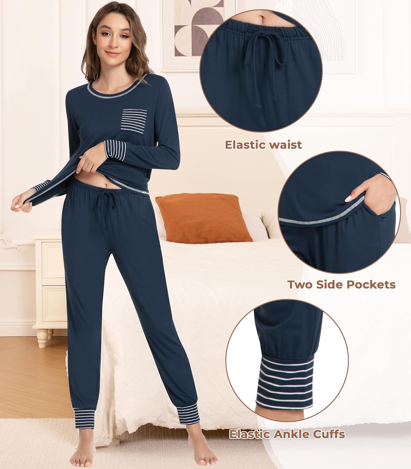 NACHILA Pajamas for Women-Viscose Made from Bamboo,Long Sleeve Pajama Sets Crew Neck Pj with Joggers Pants Soft 2 Piece Pjs - Image 4