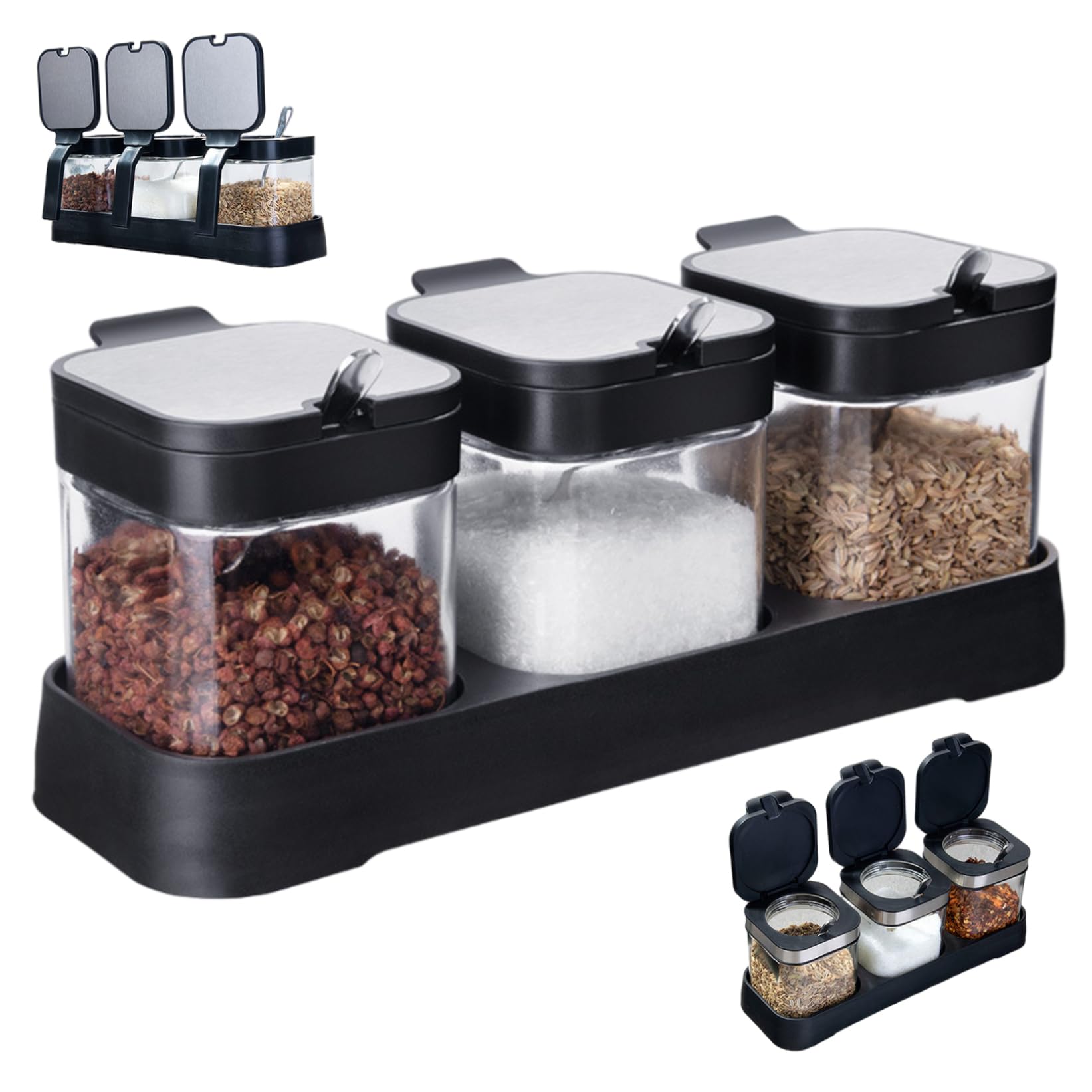 Syglawnd 3Pcs Seasoning Box Glass Containers with Lid Handle Spoon for Kitchen