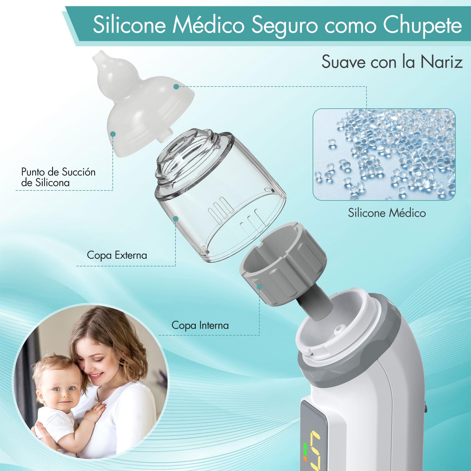 Aspirador Nasal Bebe Electrico X60 con 5 Niveles, Pantalla LED y Musica