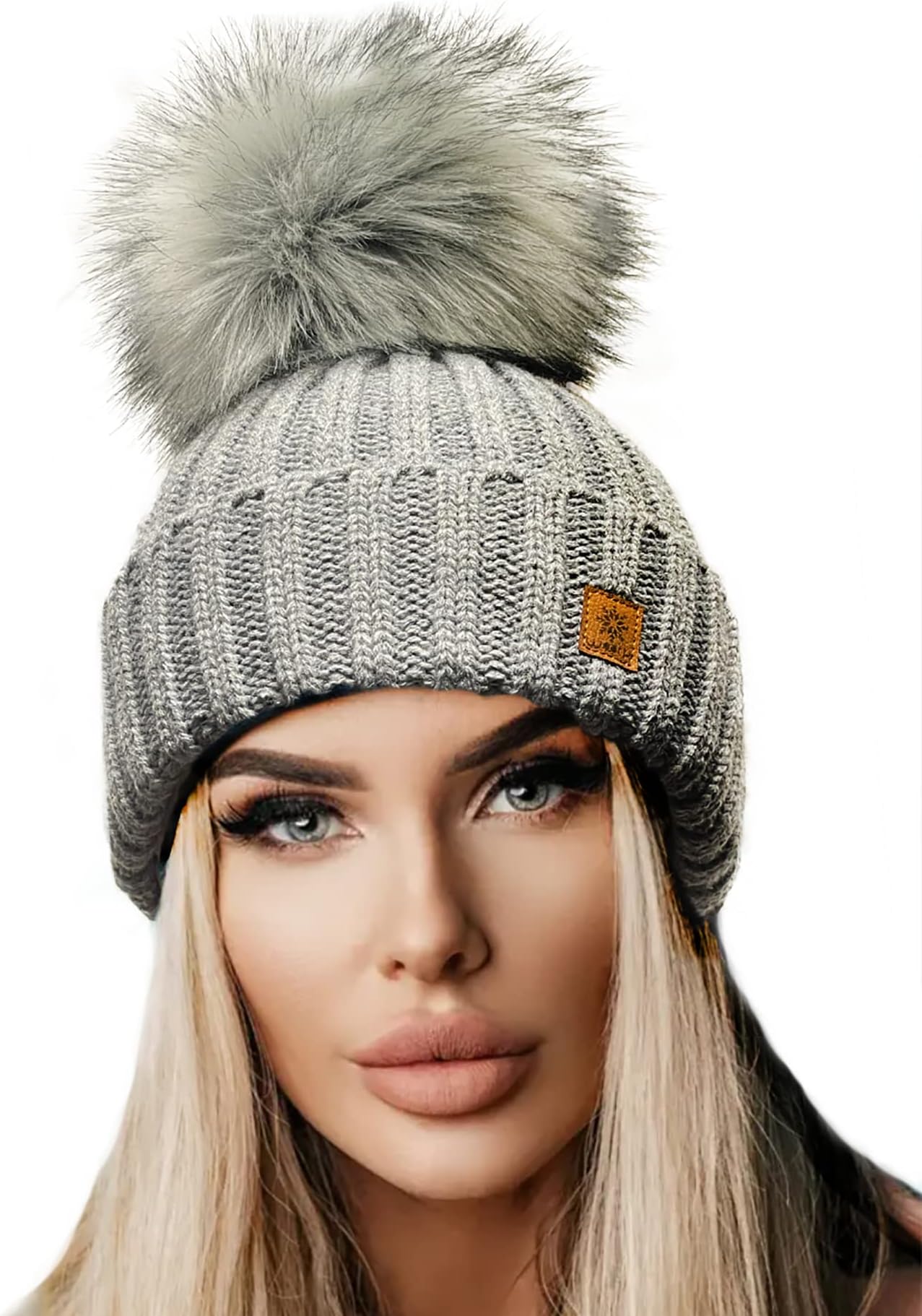 – 4sodl Winter capc for Women UK Ladies Warm Chunky Rita Hats Cable Knit Beanie Hat with Faux Fur Pom Pom Bobble Made in EU Cap Slouchy Winter Hats for Women