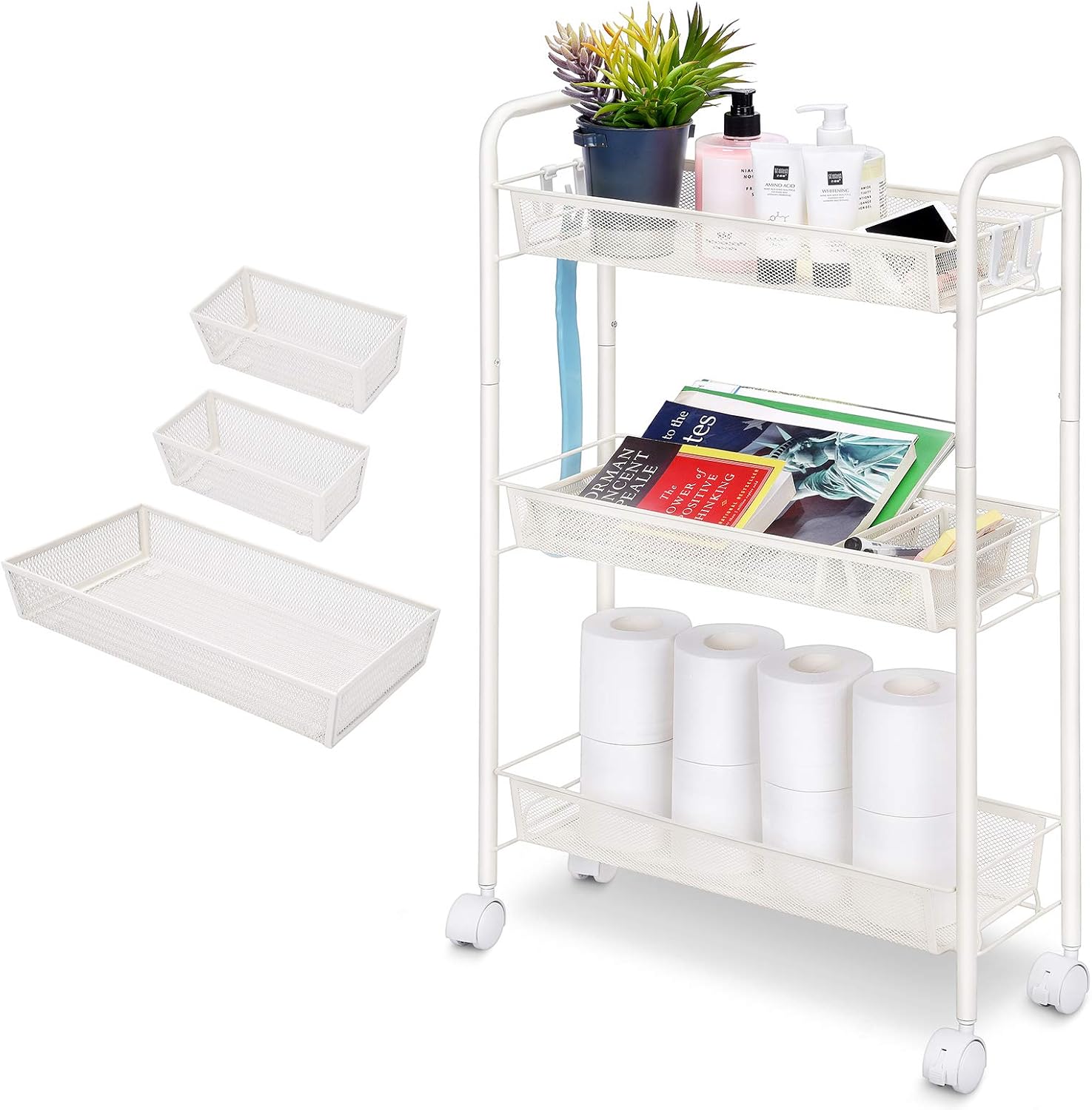 Bathroom Rolling Storage Cart, Toilet Paper Holder 3 Mesh Tray and 4 Side Hooks, Slim Mobile Organizer Unit for Home, Office Narrow Place