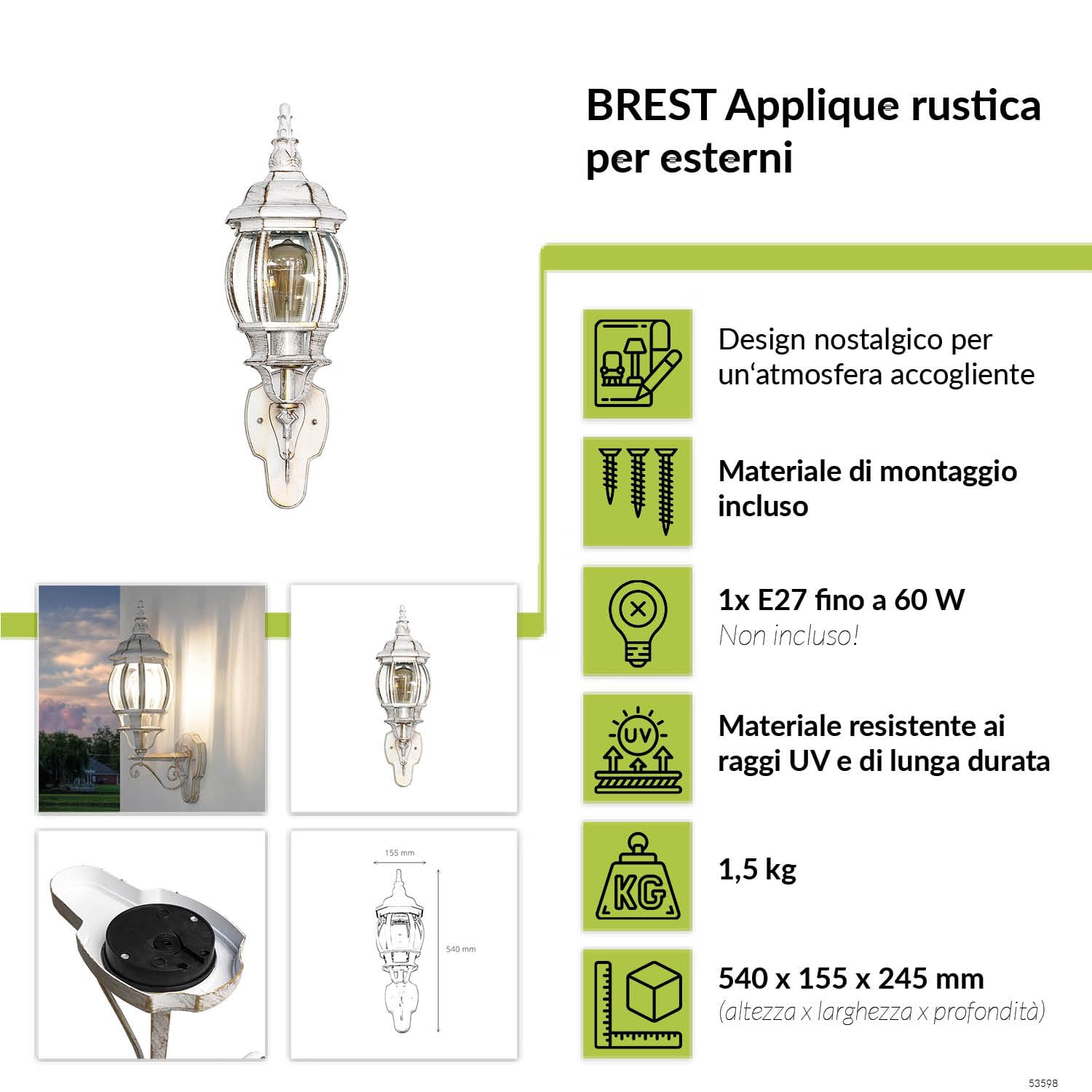 Lampada da parete esterna Brest a forma di lanterna con braccio bianco oro stile rustico retrò E27 IP44 ideale per giardino, terrazzo, cortile