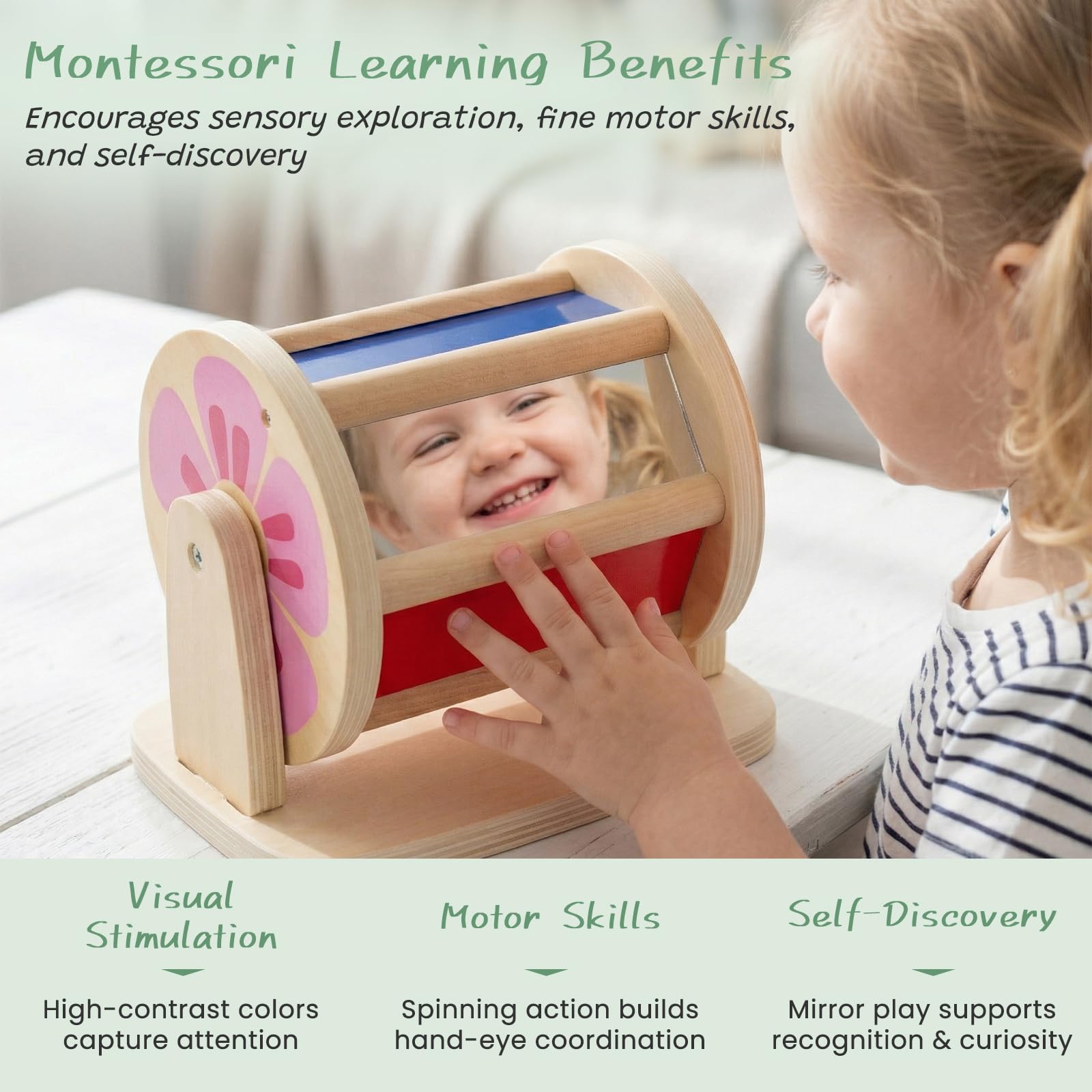 WOODENFUN Tambour Rotatif Arc-en-Ciel Bois Montessori Miroir Musical bébés 6-12 Mois